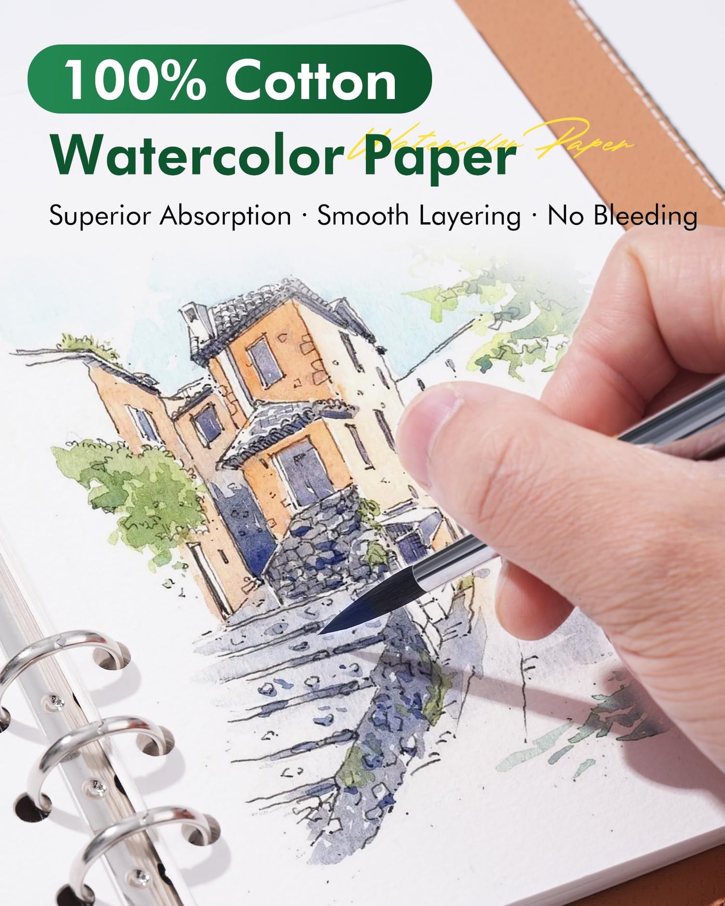 Fuumuui Watercolour Journal 6.5"x9.1", 100% Cotton Watercolour Paper Pad 140LB/300GSM, Cold Pressed 20 Sheets Travel Watercolor Sketchbook with Travel Brush for Art Painting, Drawing, Mixed Media