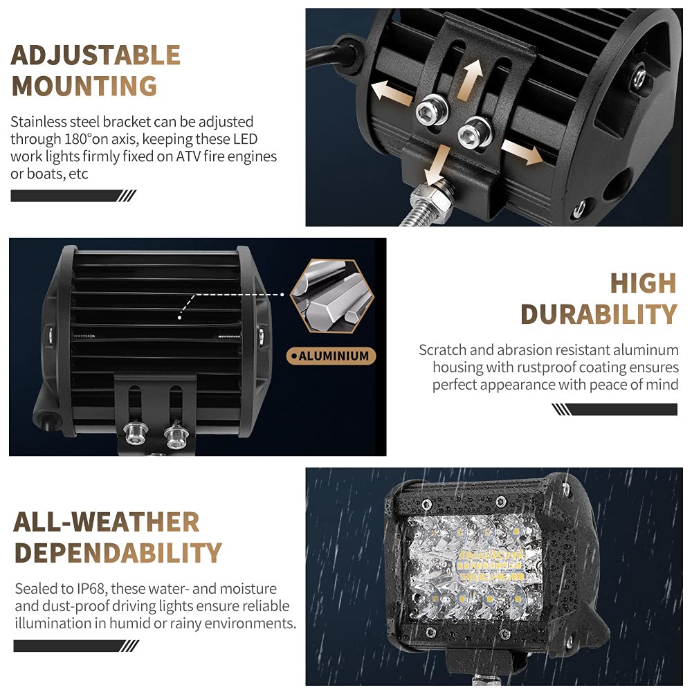 LITE-WAY 4 Inch LED Light Bar - 2Pcs Triple Row LED Work Lighting 7000LM Spot Flood Beam LED Off-Road Driving Lights Waterproof with Adjustable Mounting Bracket for Truck Car ATV Boat SUV