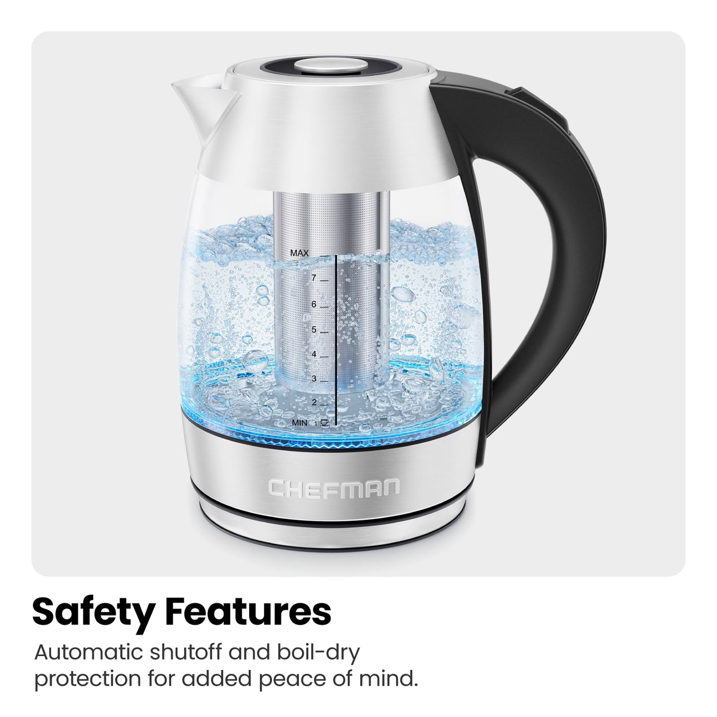 Chefman Electric Kettle for Boiling Water, 1.8L 1500W, Removable Tea Infuser, Auto Shut Off, Boil-Dry Protection, BPA Free, Borosilicate Glass, Hot Water Boiler, Electric Tea Kettle - Stainless Steel