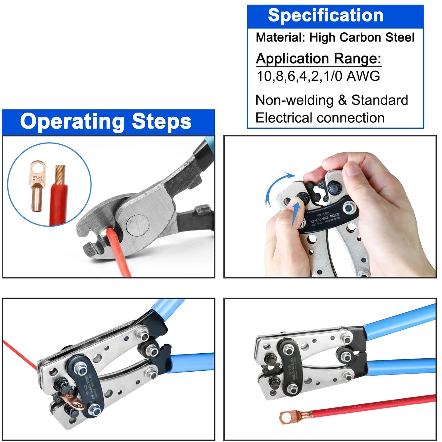 Brileine Battery Cable Crimping Tool 10-1 AWG with Heat Shrink Tubing Kit, 8 Sizes 60Pcs Copper Ring Terminals Battery Terminal Crimper Set for Heavy Duty Wire Lugs, Battery Cable Lug Crimping Tool