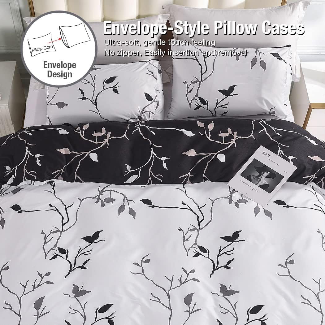 Conworld Reversible Duvet Cover King, White Black Tree Branch Pattern King Duvet Cover Set 3pc Soft Microfiber Breathable Botanical Bedding Sets with Zipper Ties