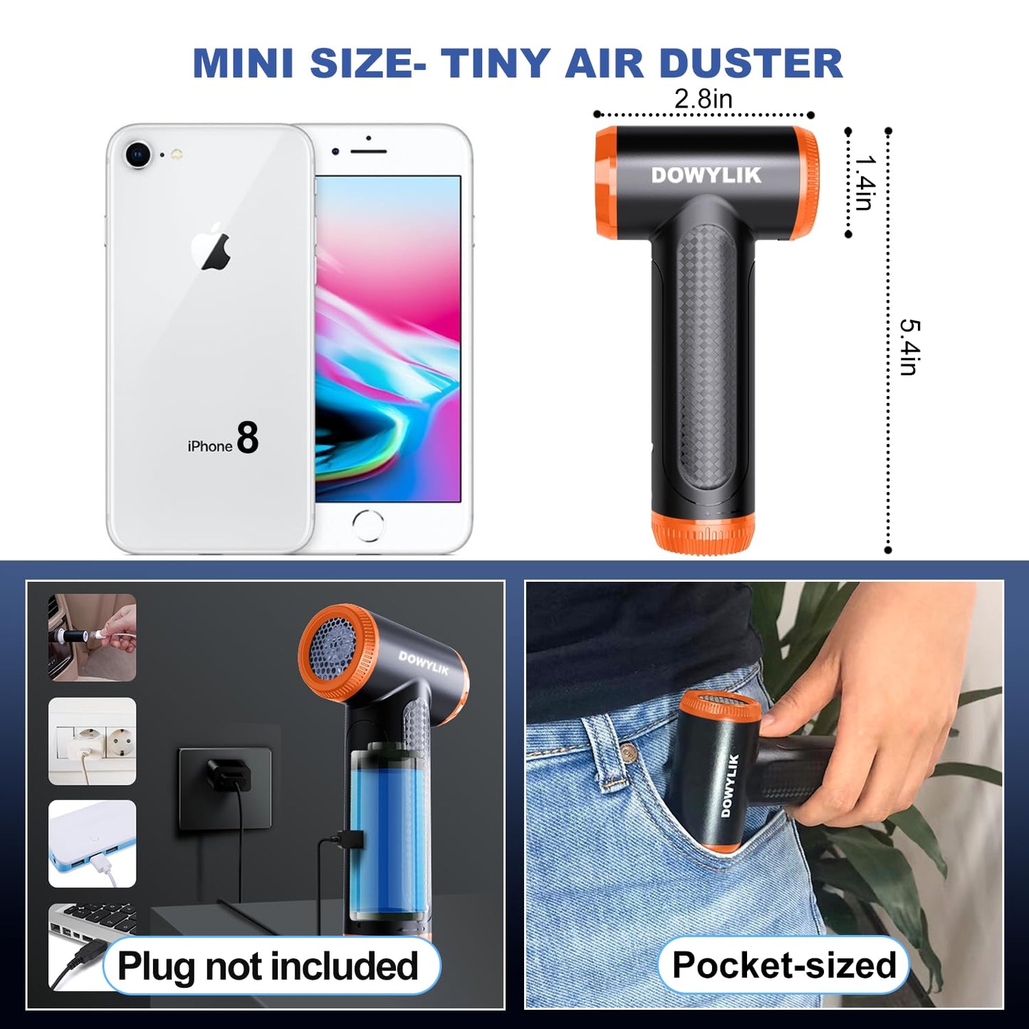 DOWYLIK Air Blower Mini Compressed Air Duster, 150000RPM Stepless Speed Electric Air Duster Keyboard Cleaner, Rechargeable Good Replacement Canned Air-PC Computer Duster with Brushless Motor