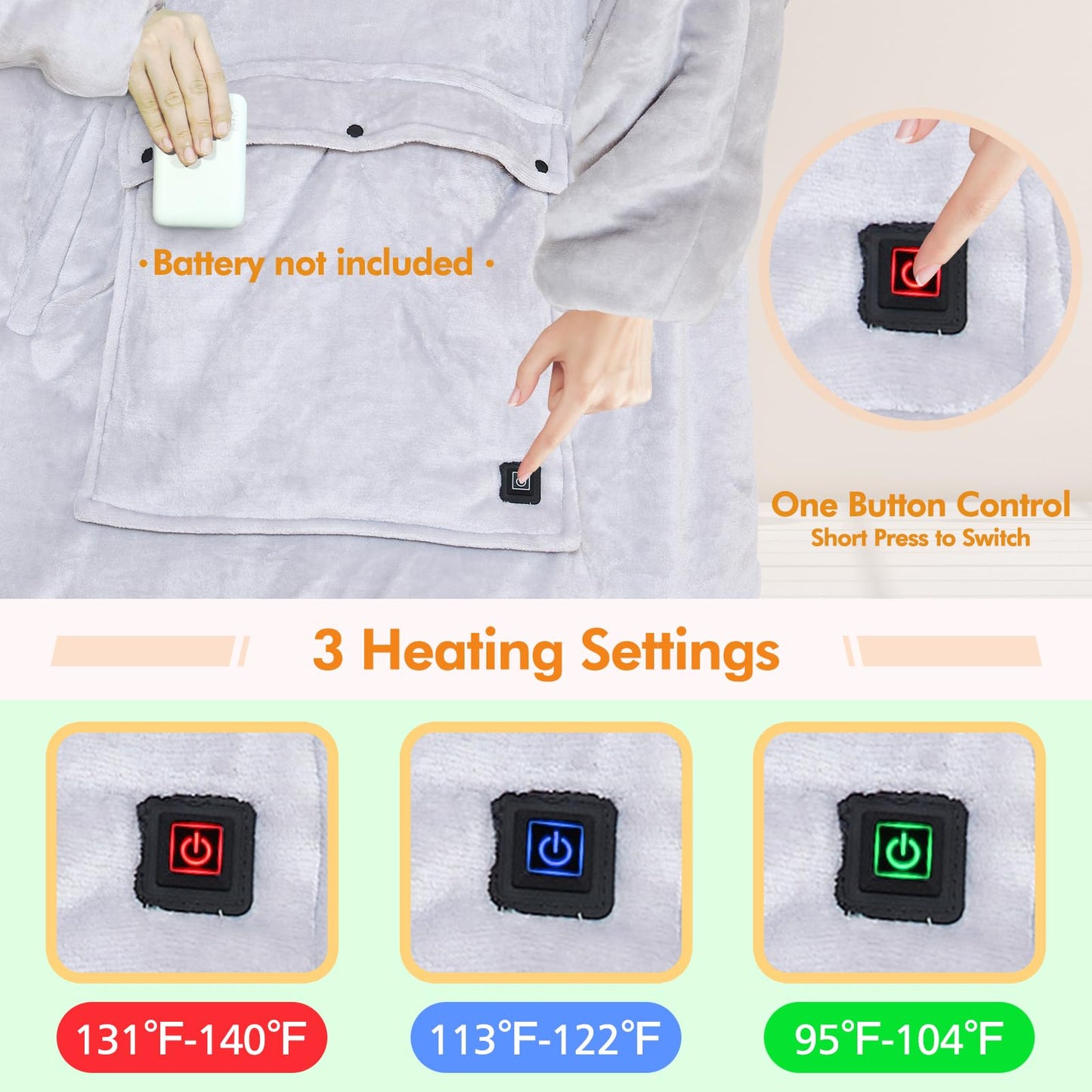 FirstE Wearable Heated Blanket Hoodie, Portable USB Heated Hoodie Blanket, Comfy Electric Wearable Hooded Sweatshirt for Women Adults Outdoor Indoor Warm,Large Pocket,3 Heating Levels,3h Auto Shut-off
