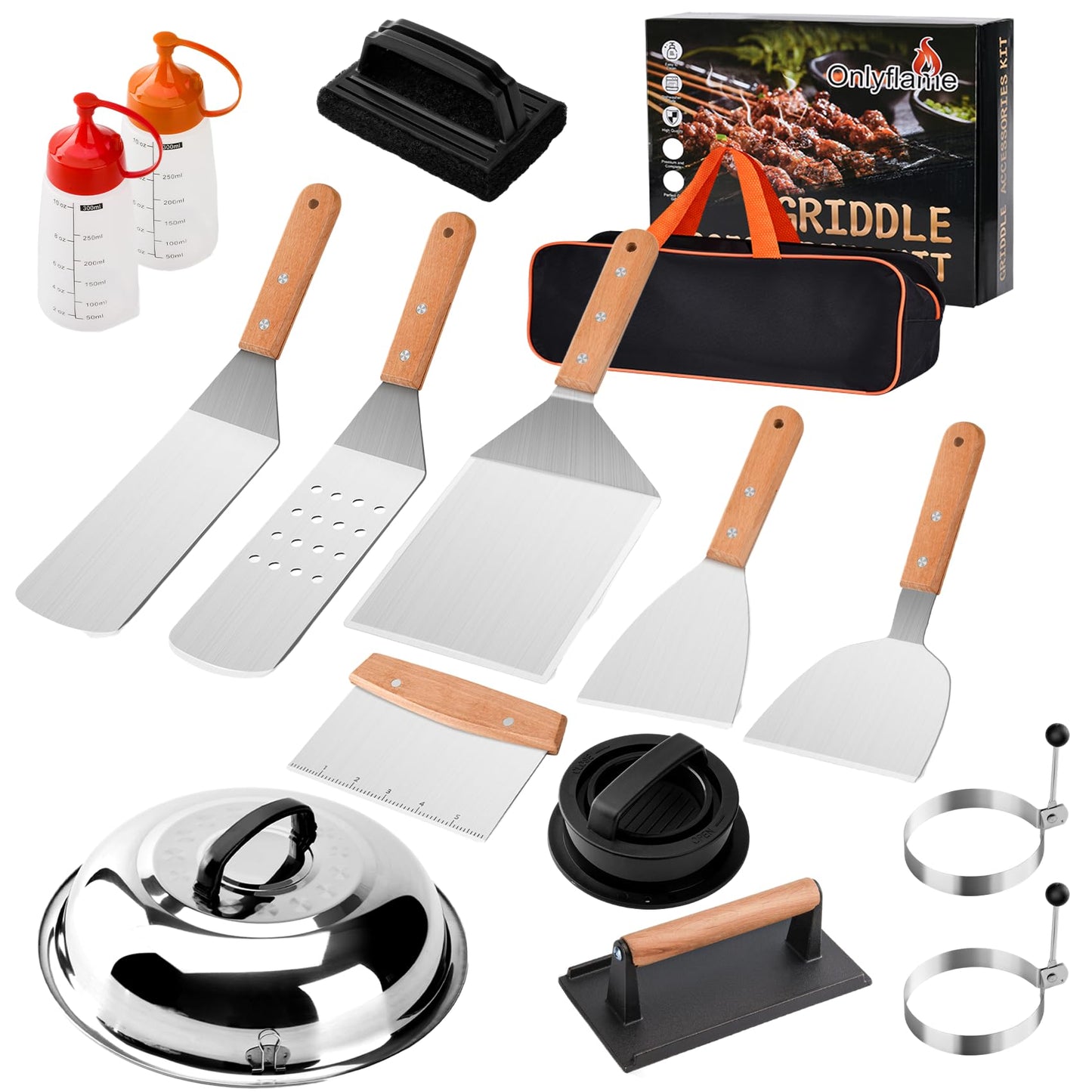 Onlyflame 15PCS Professional BBQ Griddle Tool Kit for Flat Top Grill Blackstone and Camp Chef - Stainless Steel Griddle Spatulas Accessories Kit with Basting Cover, Carry Bag and More Tools