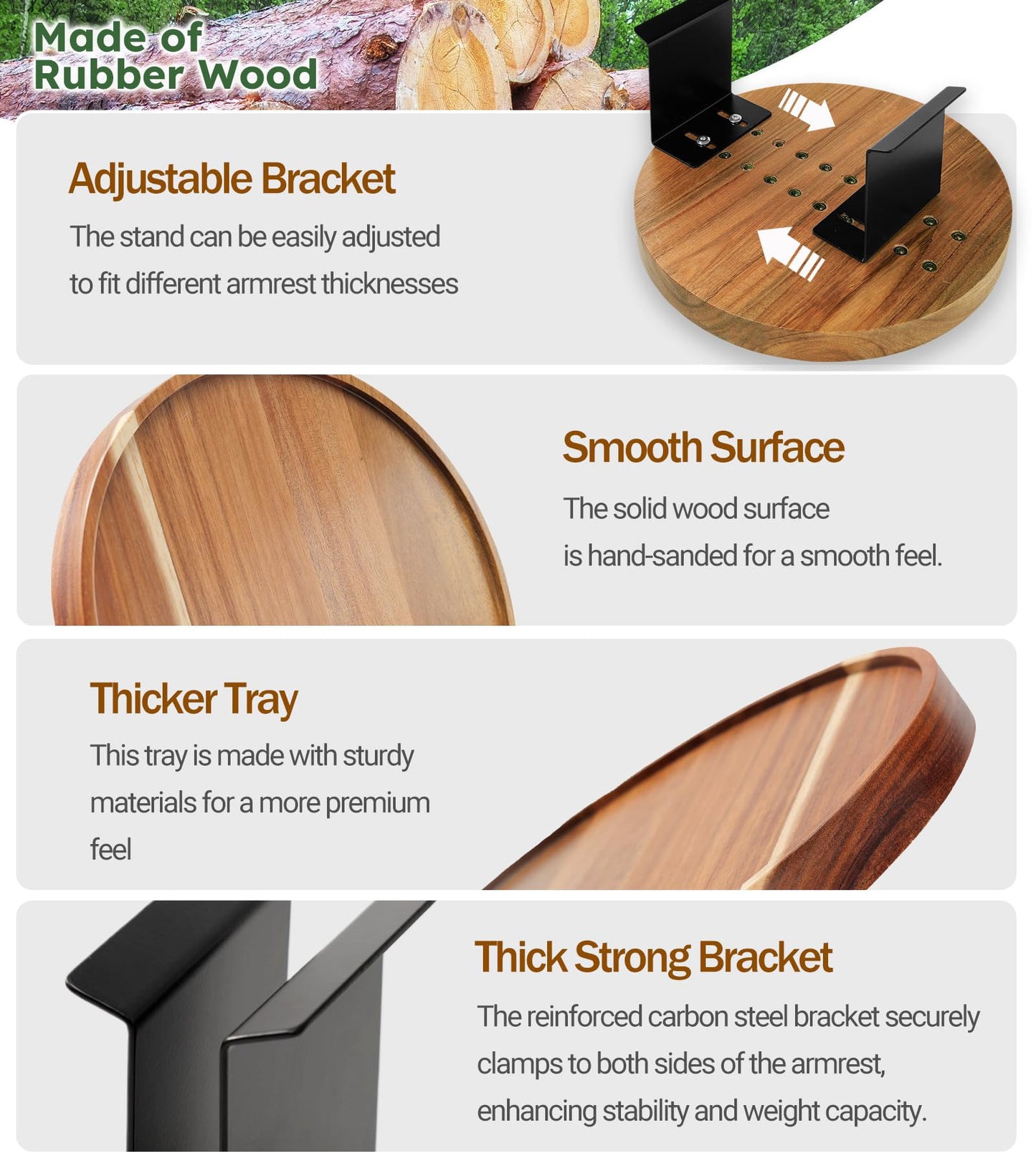 Semjar Acacia Wood Couch Arm Table,Adjustable Round Sofa Arm Tray,Wooden Chair Armrest Tables for Wide Thin Couches Arms,Trayble Couch Companion Armchair Table for Eating