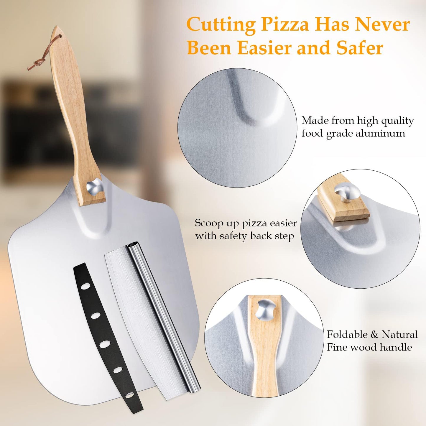 Ninonly Aluminum Pizza Peel 12" x 14" Pizza Paddle with Foldable Wood Handle, Metal Pizza Spatula with Rocker Cutter for Easy Storage&Clean, Pizza Tools for Pizza Oven Baking Pizza Bread Pastry