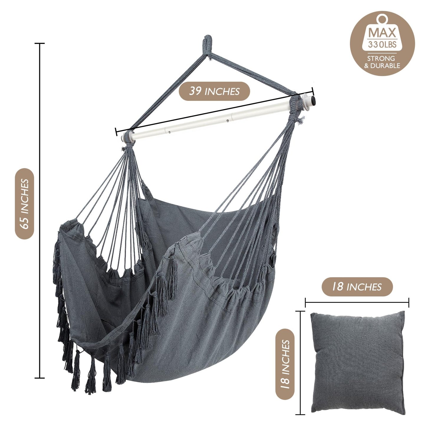 WBHome Extra Large Hammock Chair Swing with Hardware Kit, Hanging Macrame Chair Cotton Canvas, Include Carry Bag & Two Soft Seat Cushions, for Bedroom Indoor Outdoor, Max. Weight 330 Lbs (Grey)