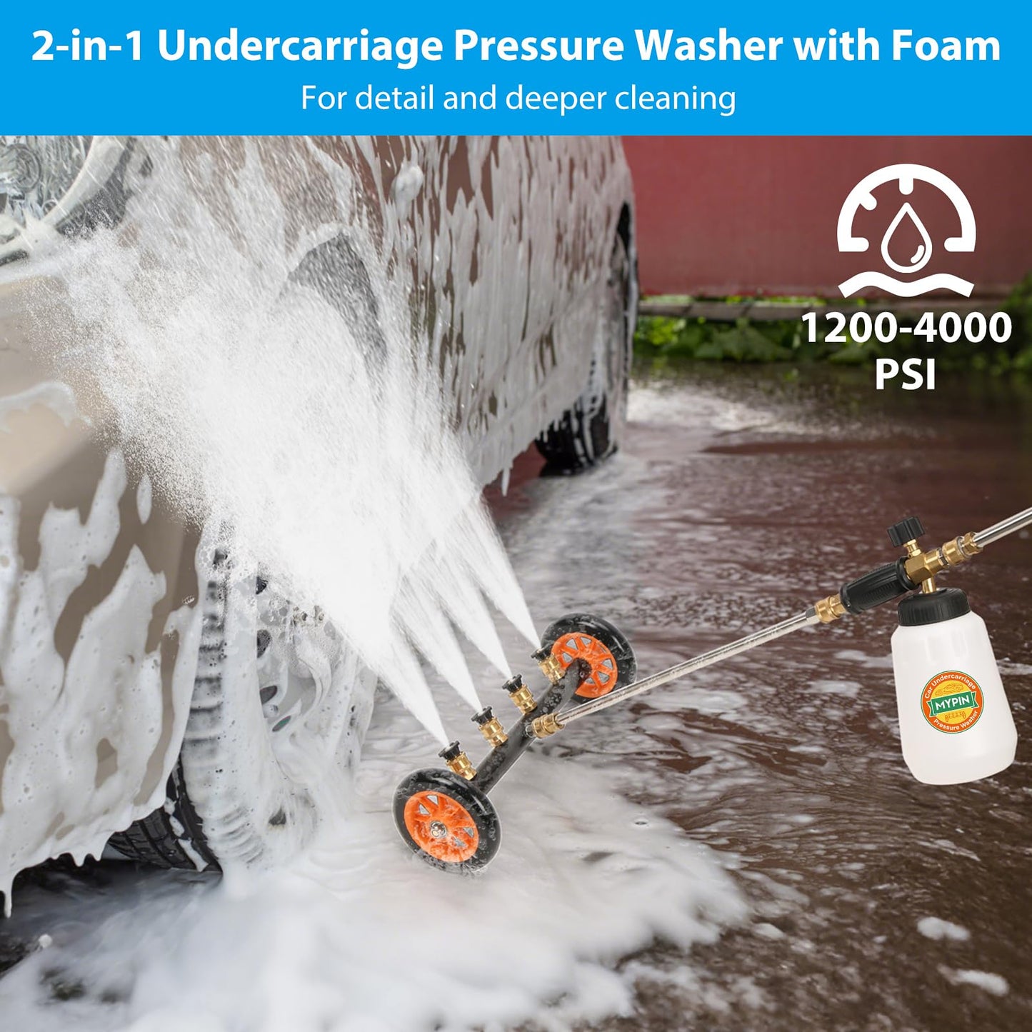 2-in-1 Undercarriage Pressure Washer Water Broom with Replaceable Nozzle, 16 Inch Car Pressure Washer with Foam Cannon/Mitten, Surface Cleaner 1200-4000 PSI (with Bottle& Replaceable Nozzle)