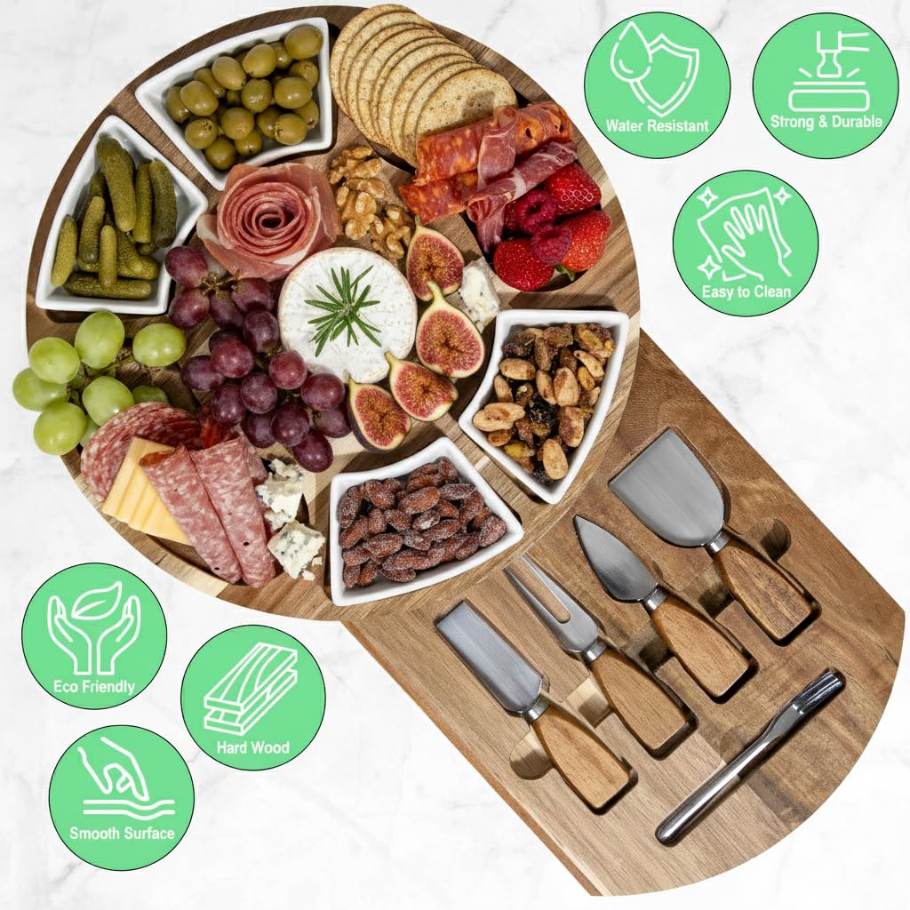 Acacia Cheese Board & Charcuterie Set with Ceramic Bowls – Premium Serving Board for Parties, Weddings, Christmas & Housewarming Gifts (Plain – No Engraving)