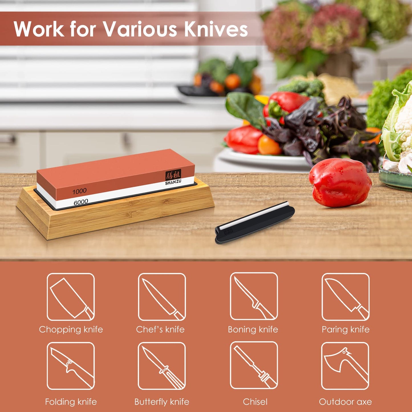 SHAN ZU Whetstone Knife Sharpening Stone, Premium 2-Sided Whetstone Sharpener 1000/6000 Grit Whetstone Kit with Non-Slip Bamboo and Silicon Base Angle Guide for Chef Knife, Kitchen Knife,Hunting Knife