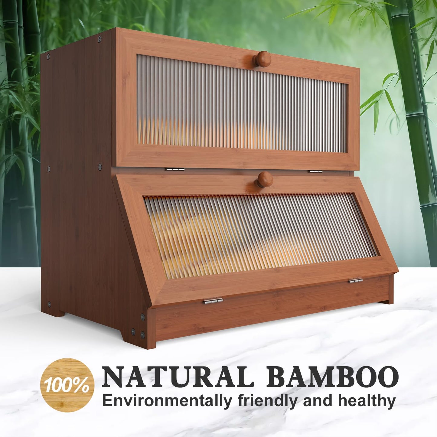 LOHASOK Double Layer Bamboo Bread Box for Kitchen Counter-Large Capacity Bread Storage Container Farmhouse Bread Box with Window Bread Holder (Brown)