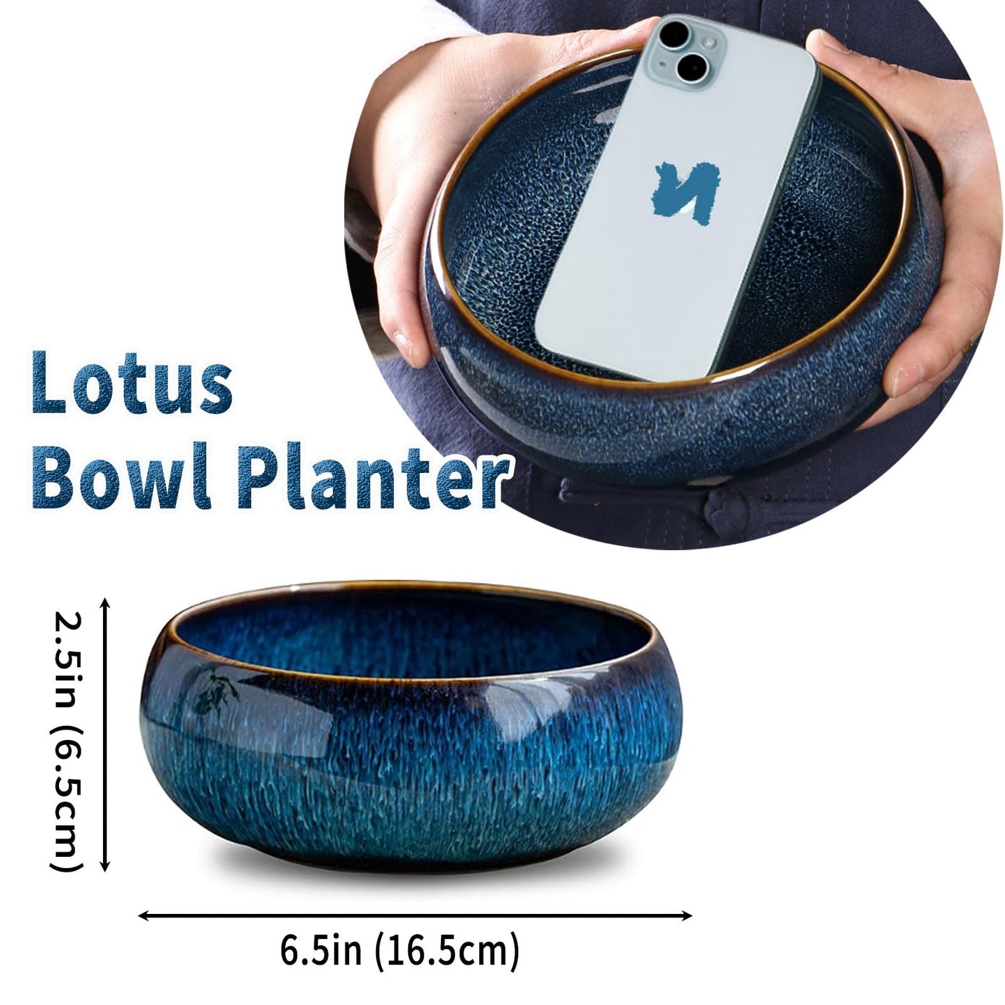 Lotus Bowl Planter – Ceramic Water Plant Pot Sacred Bonsai Bowl Lotus Flower, Shallow Glazed Vase for Seeds, Bonsai, Succulents, Hydroponic Plants (Blue)