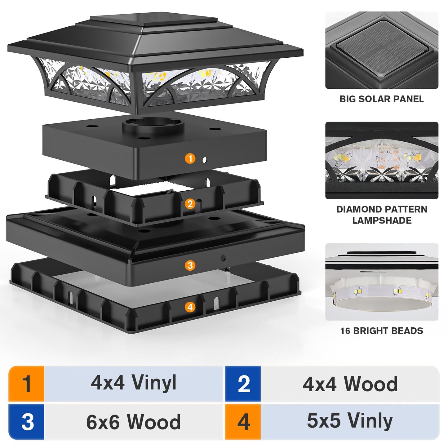 APONUO Solar Post Cap Lights,Fence Post Solar Lights,2-Mode Solar Post Lights Outdoor Waterproof Garden Patio Yard Lights for Fence Deck 4x4 5x5 6x6,Auto On/Off,Easy to Instal,Black 6 Pack