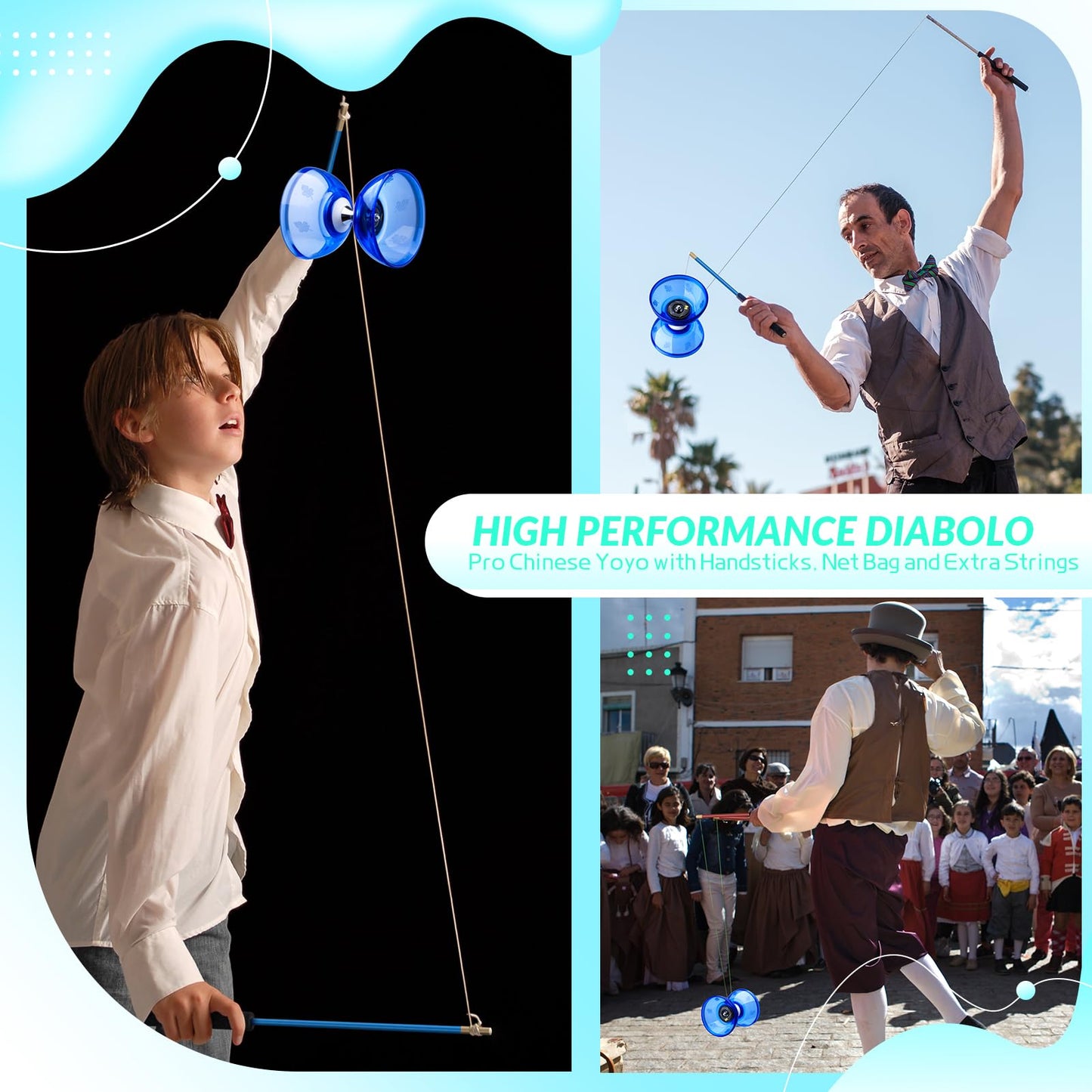 MAGICYOYO Pro Triple Bearing Diabolo Small Size 4” Chinese Yoyo Toy with 2 Pairs Carbon Sticks+ 2 Extra Strings +1 Net Bag, High Performance Chinese Yoyo Diabolo Skill Toy (Blue)