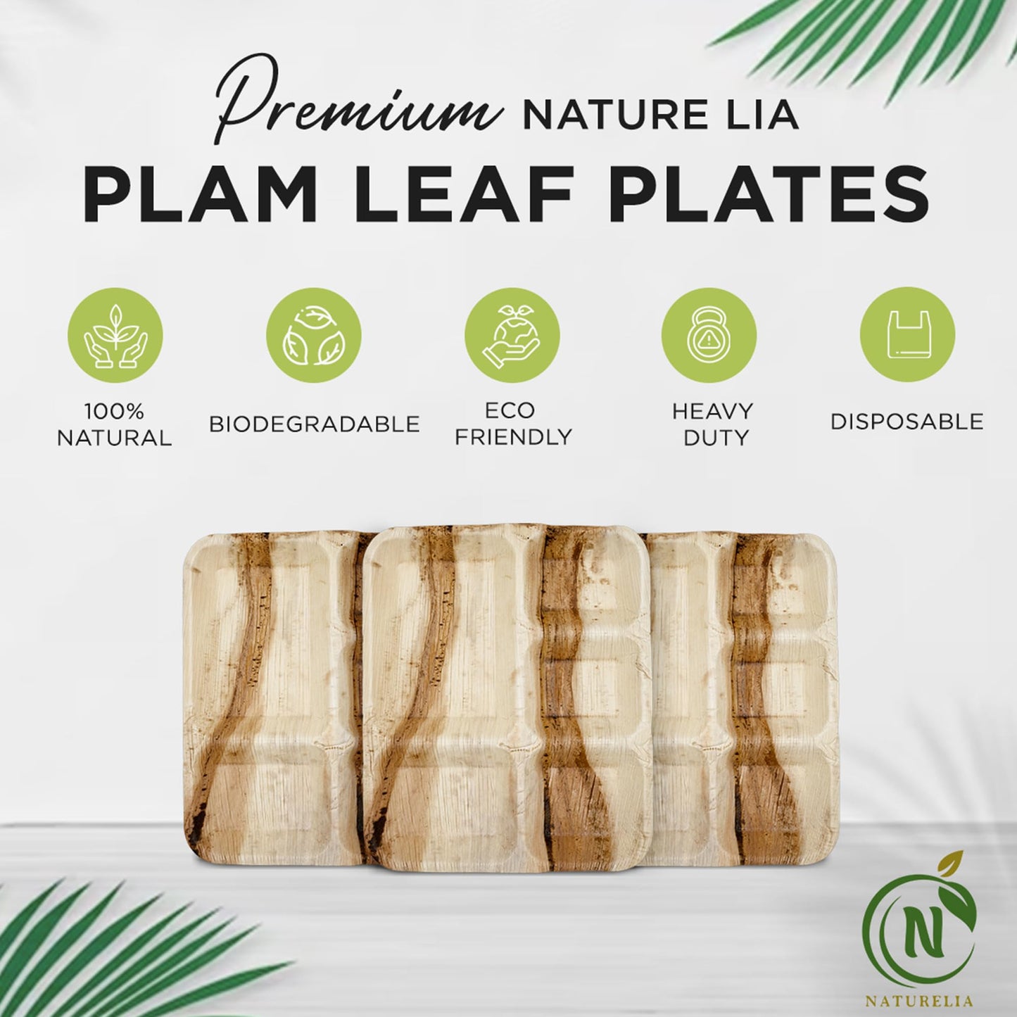 Naturelia 100% Compostable 12-Inch Palm Leaf Disposable 5 Partition Rectangle Plates- Premium Eco-Friendly, Biodegradable, Microwave-Safe Palm Leaf Dinnerware for Parties and Events