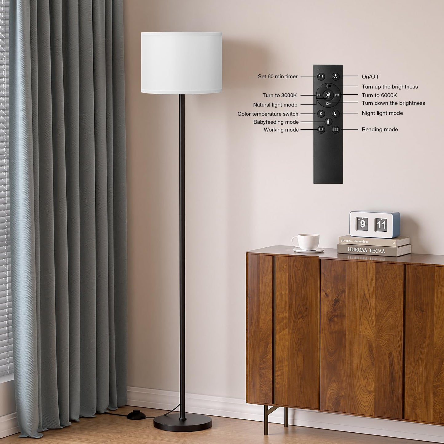 Ambimall Modern Floor Lamp with Remote Control and 9W Bulb, Brightness and Color Temperature Adjustable, 60" Tall Lamps for Living Room Bedroom Office Dining Room Kitchen