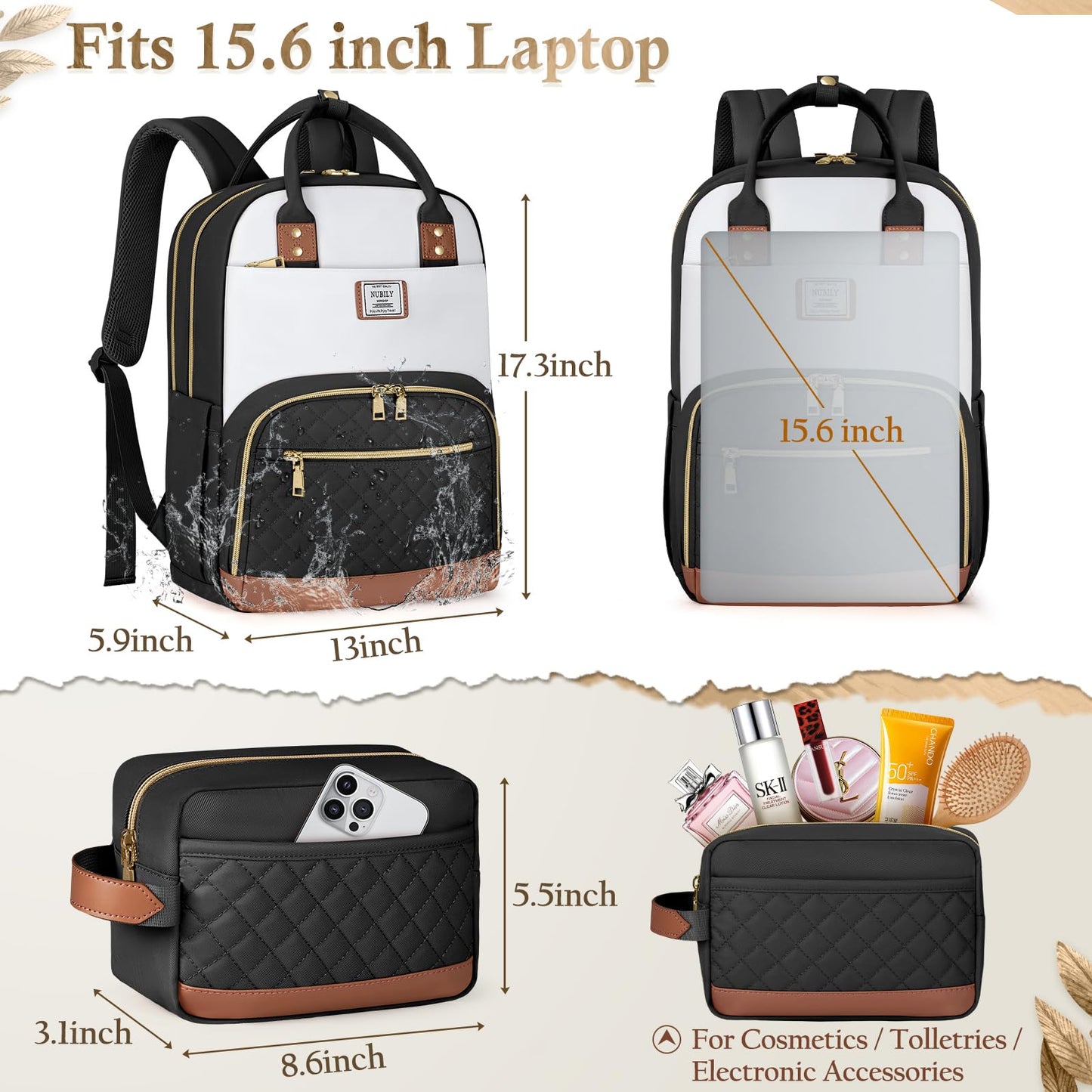NUBILY Laptop Backpack for Women 15.6 Inch School Backpack for Girls Waterproof Travel Backpack Carry On 2 Set Anti Theft Backpacks Womens Backpack with Accessory Purse Book Bag Lightweight Black