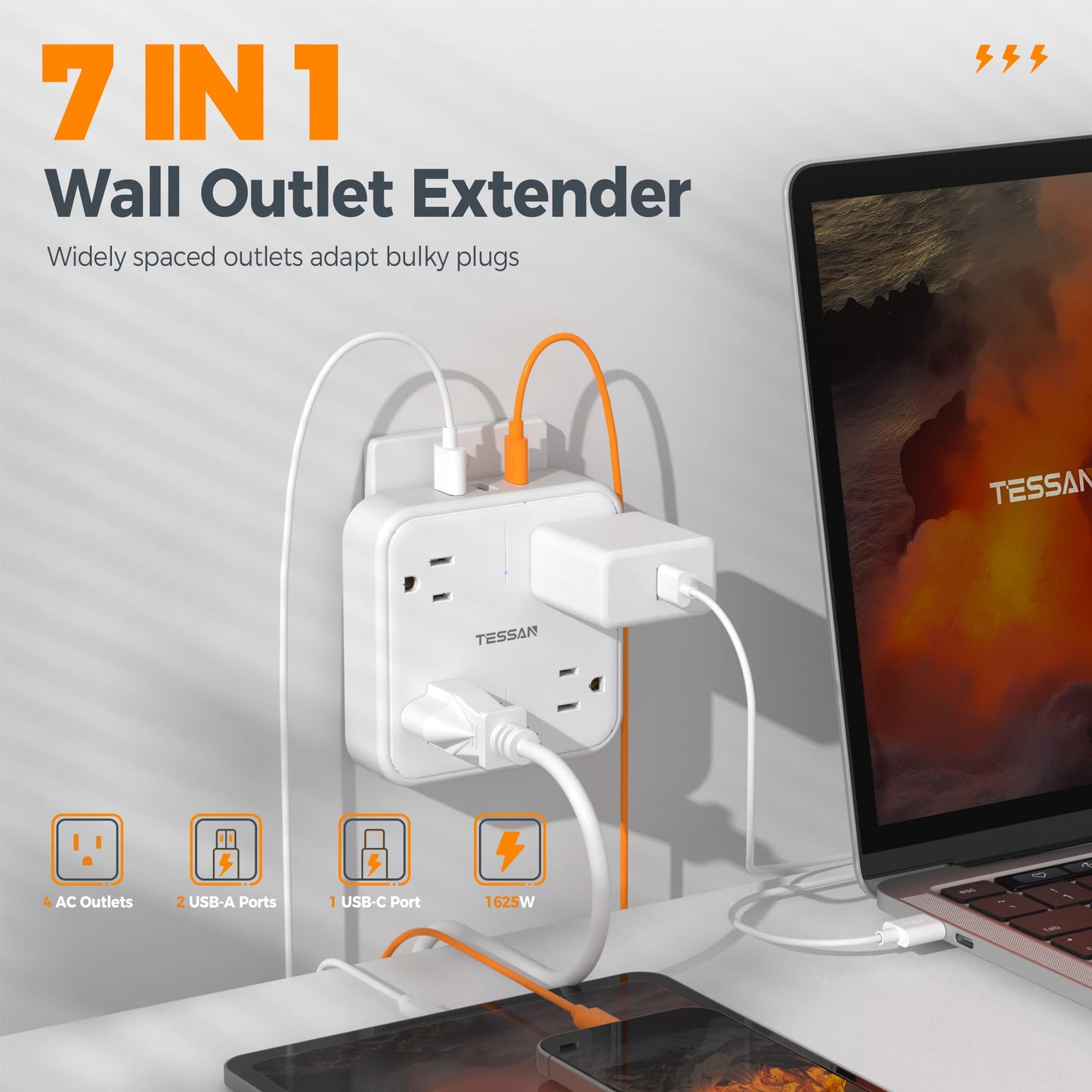 Wall Outlet Extender, TESSAN 4 Multi Plug Outlet Splitter with 1 USB C and 2 USB A Charging Ports, Multiple Plug Extension Block with Surge Protector for Home, Kitchen, Office, Dorm, White