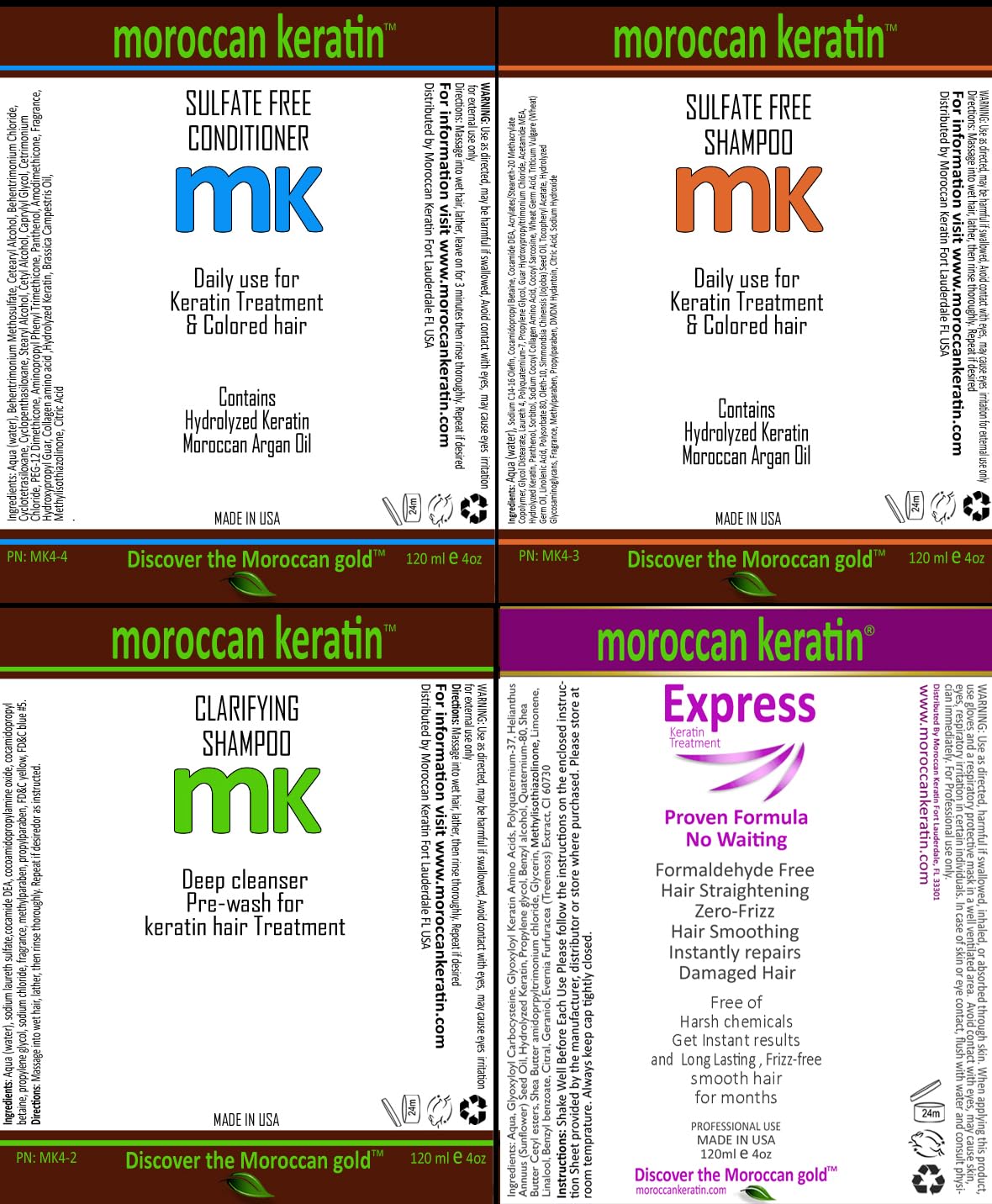 Moroccan Keratin Express Smoothing Straightening Hair Treatment Formaldehyde-Free No-Wait Formula Instant Results 120mlx4 with Clarifying Shampoo, Sulfate-Free Shampoo and Conditioner
