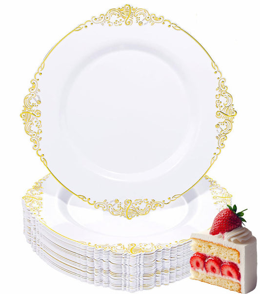 100 Pcs White Plastic Plates with Gold Rims, 7.5" Round Plastic Dessert Plates, Elegant Salad Plates for Cakes, Appetizers, Desserts, Snacks, Fruits, Gathering Supplies