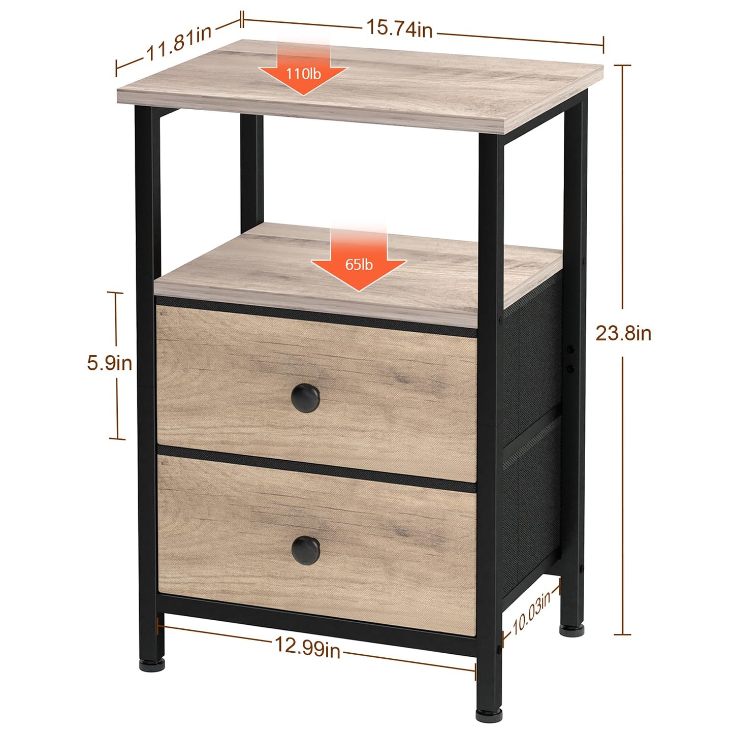 LOAKEKEL Night Stand, Bed Side Table with 2 Fabric Drawer for Living Room, Nightstand with Large Storage Space, End Table with Shelf for Bedroom, Grey, HETS002GY-1