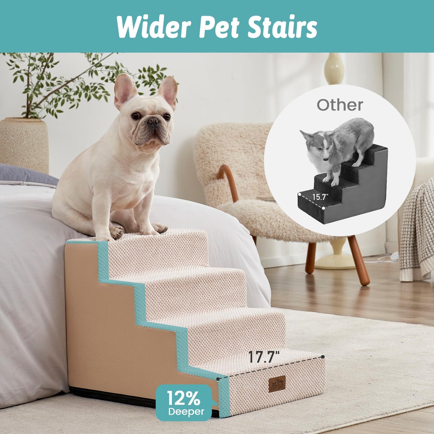 COZY KISS Dog Stairs for Small Dogs, 4 Tier Wider Pet Stairs for Couch and Beds, 17.7" H Non-Slip Dog Steps for Old Cats, Puppy, Small Medium Dogs, 17.7x23.6x17.7 inch, Beige