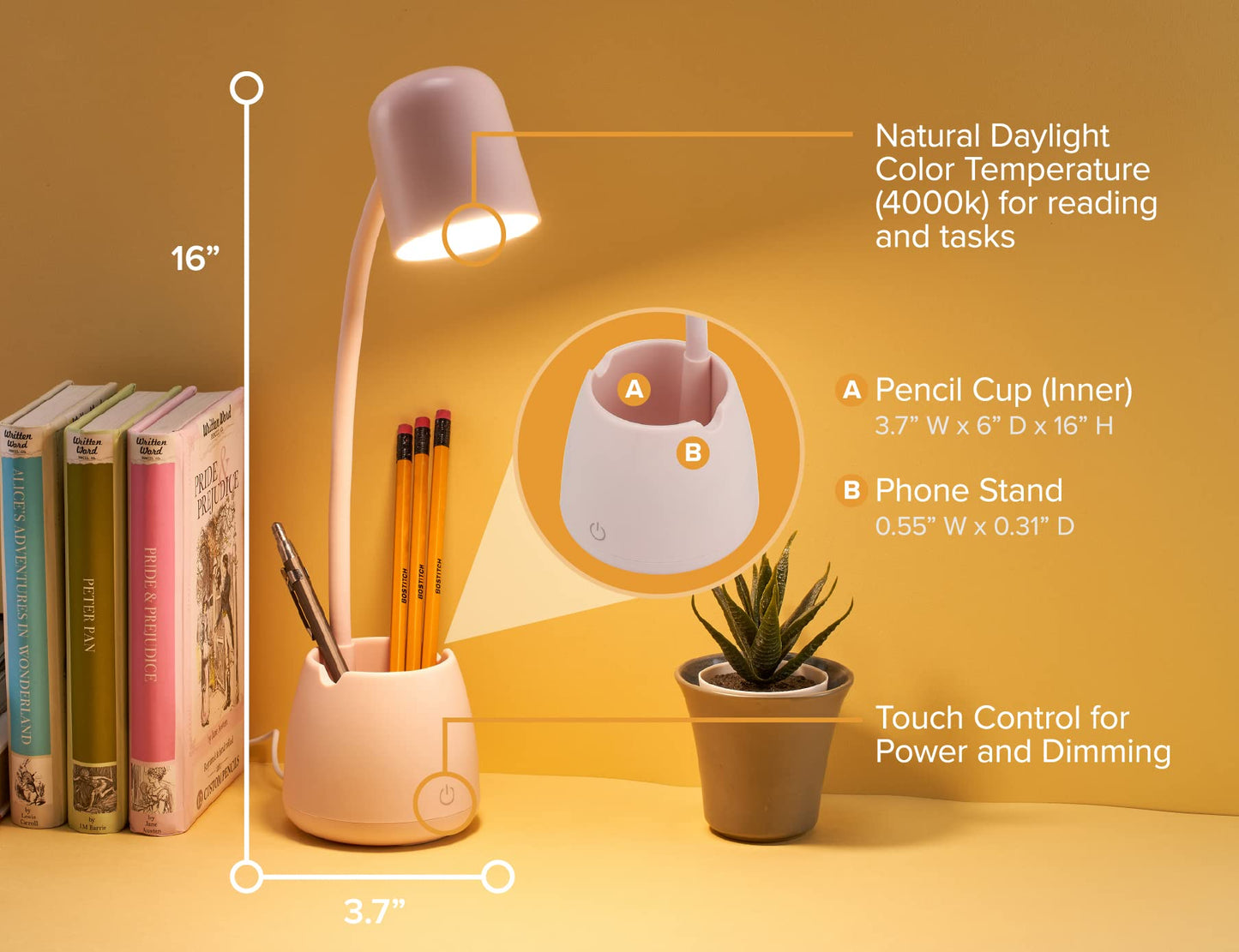 Bostitch Office LED2105-PNK Dimmable Lamp with Storage Cup, Three Brightness Levels, Touch Sensitive Dimmer, Energy-Efficient, Pink
