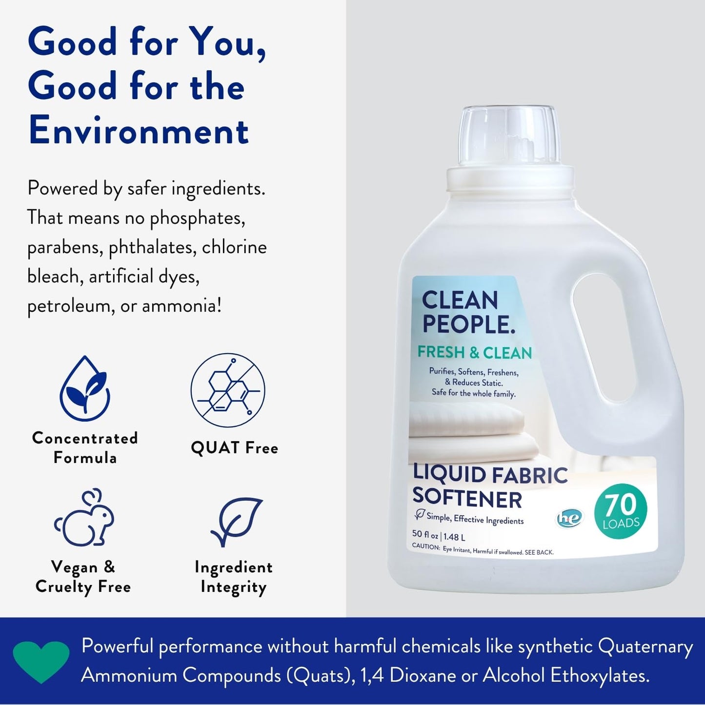 The Clean People Liquid Fabric Softener - Softens & Removes Static Cling - Vegan Scented Laundry Softener - Fresh & Clean, 50 fl oz - 74 Loads