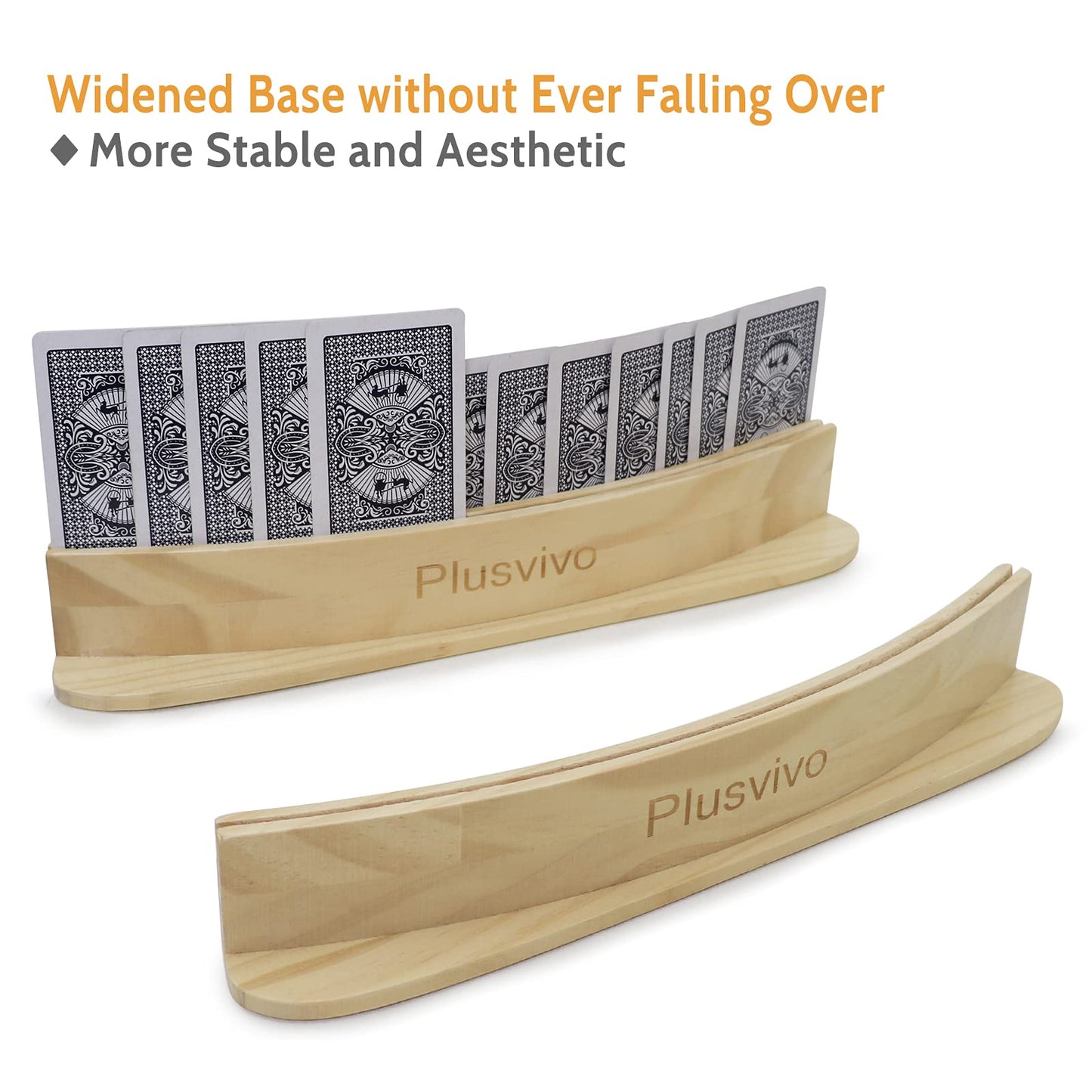 Plusvivo Set of 4 Curved Playing Cards Holders for Seniors Adults Kids 2-Layer, Solid Wooden Card Holders for Playing Cards 13 X 1.9 X 2.4 Inch for Bridge Canasta Foot and Hand