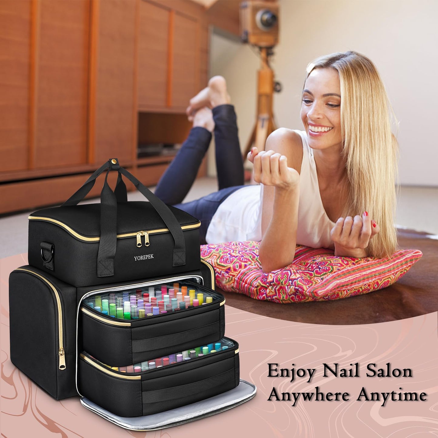 YOREPEK Extra Large Nail Polish Organizer Case Holds 96 to 100+ Bottles (15ml/0.5 fl.oz) Nail Lamp, Nail Polish Travel Case Bag with 2 Removable Pouches Fits Nail Suppiles, Gift for Manicurist, Grils