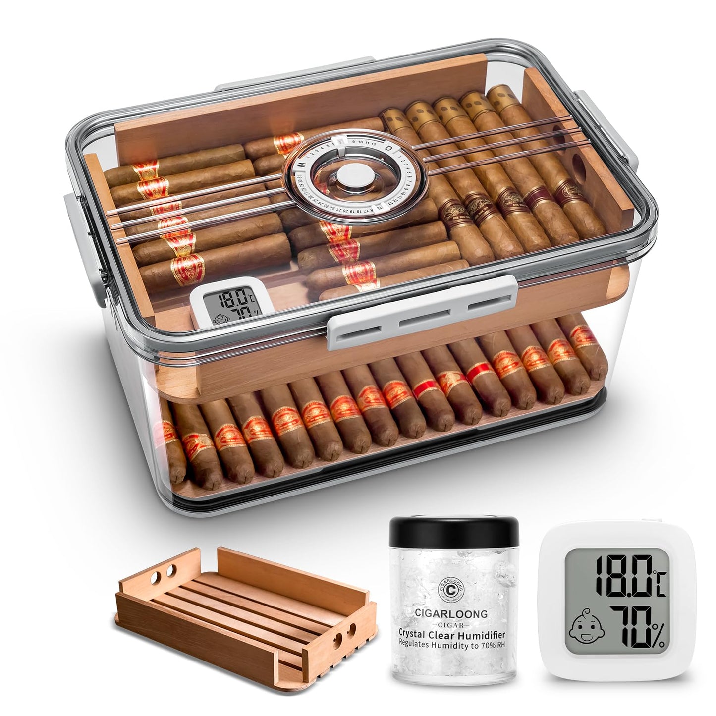 CIGARLOONG Cigar Humidor Large Accommodate 80-100 Cigars,Built-in Cedar Wood Shelf with High Precision Hygrometer and HumidifierTransparent Acrylic Cigar Storage Box (L)