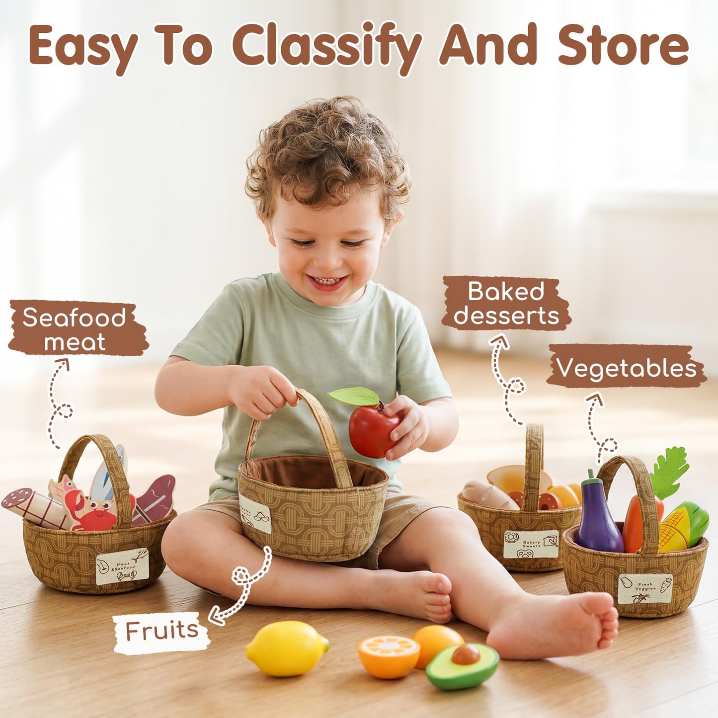 Lehoo Castle Wooden Play Food for Toddlers, Toys Food for Kids Kitchen Accessories, 4 Food Groups Pretend Cutting Fruits, Montessori Toys for Toddlers 2 3 4 Years Old Girls Boys