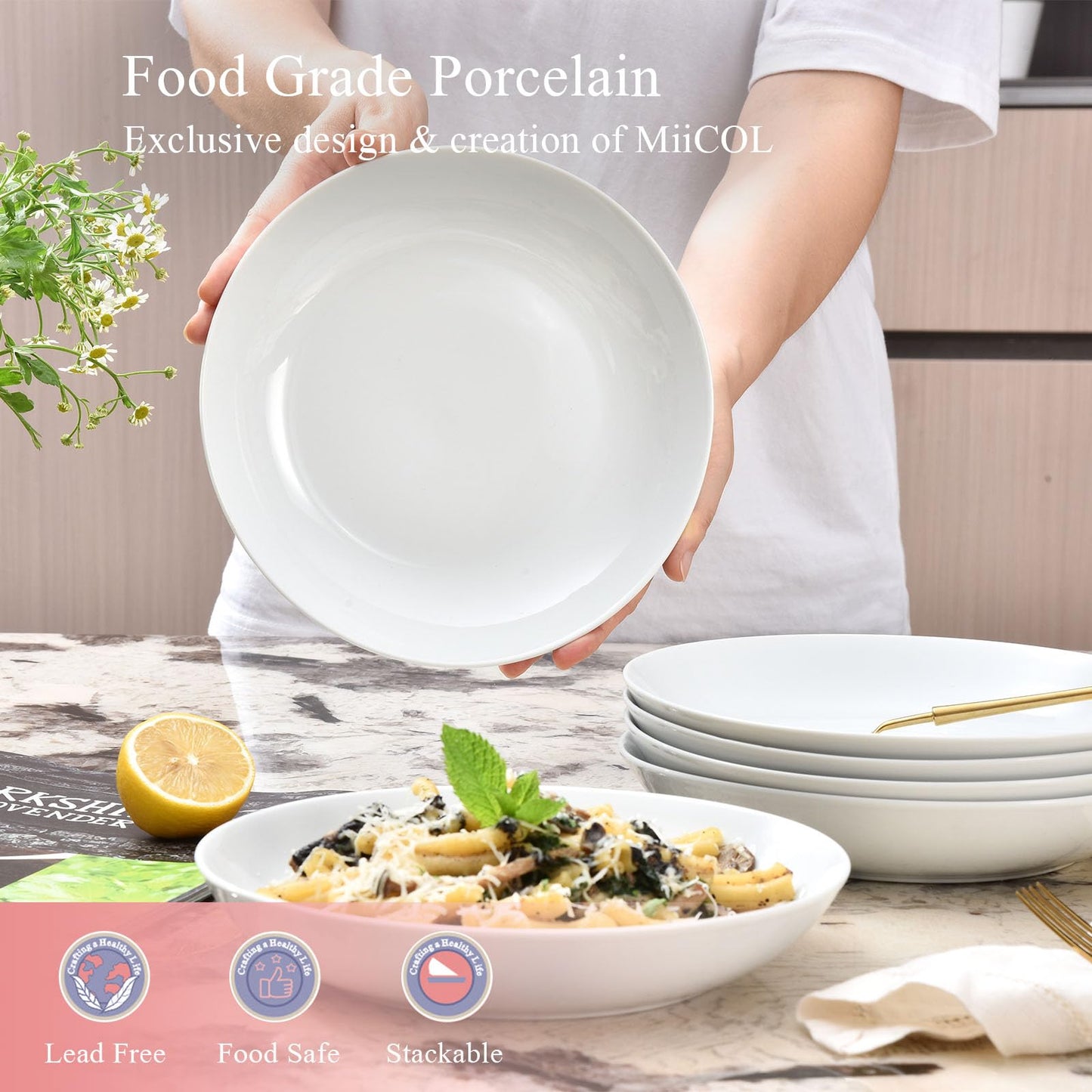 Miicol White Pasta Bowls 28 oz / 800ml, Ceramic Salad Bowls Set of 6, Wide and Shallow Serving Bowl 8.25 inch / 21cm, Large Pasta Plates, Serving Dish for Soup, Dinner, Microwave and Dishwasher Safe