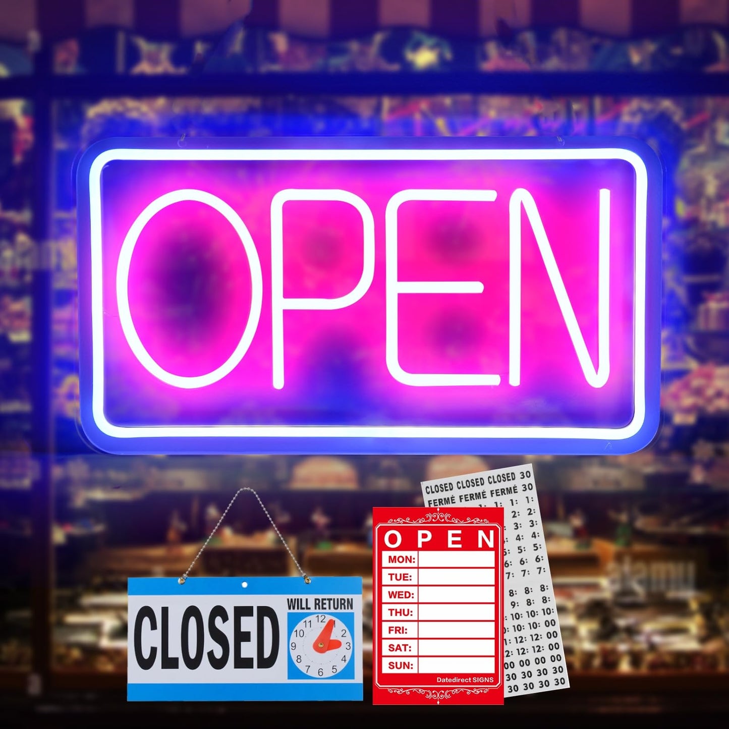 Rdutuok Led Neon Open Signs for Business,42x22cm Light Up Open Signs Advertisement Board Electric Display Sign Powered by USB with ON/OFF Switch for Stores Window Bars Cafes Hotels (Horizontal)