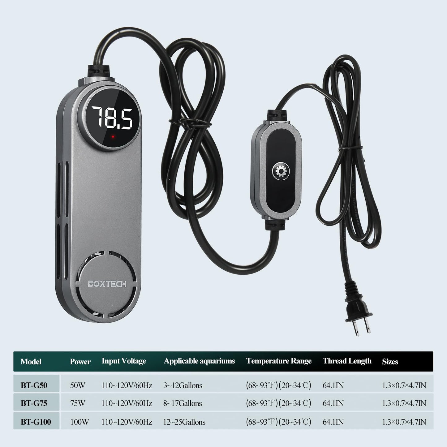 Boxtech Betta Fish Tank Heater - Small Aquarium Heater 75w for Turtle Tank with Led Digital Display, External Temperature Controller for 8 to 17 Gallon Tanks