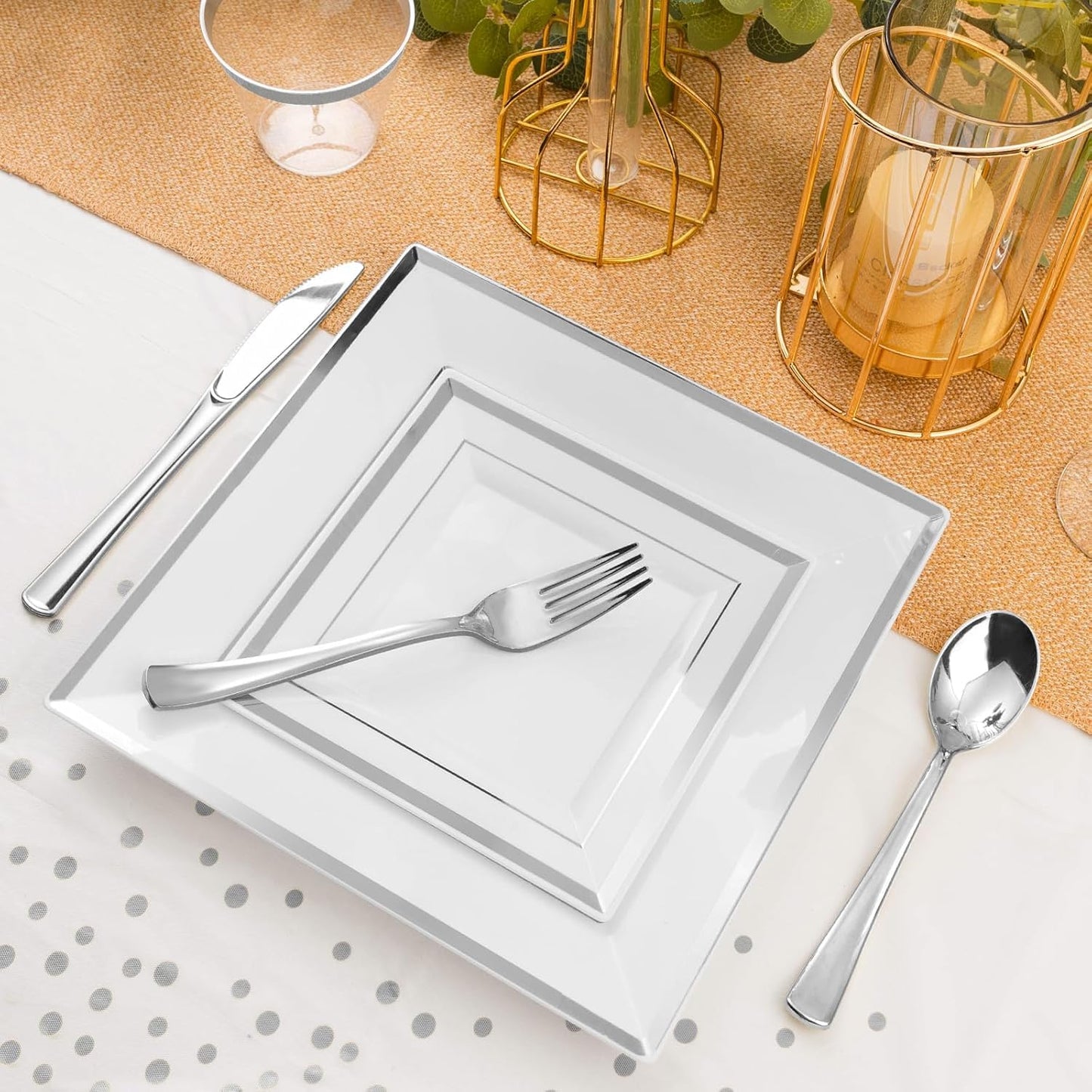 175 Pcs Silver Square Plate with Disposable Silverware, Silver Plastic Dinnerware Set for 25 Guests, Including 25Dinner Plates, 25Dessert Plates, 25Cups, 25Napkins, 25Cutlery Set