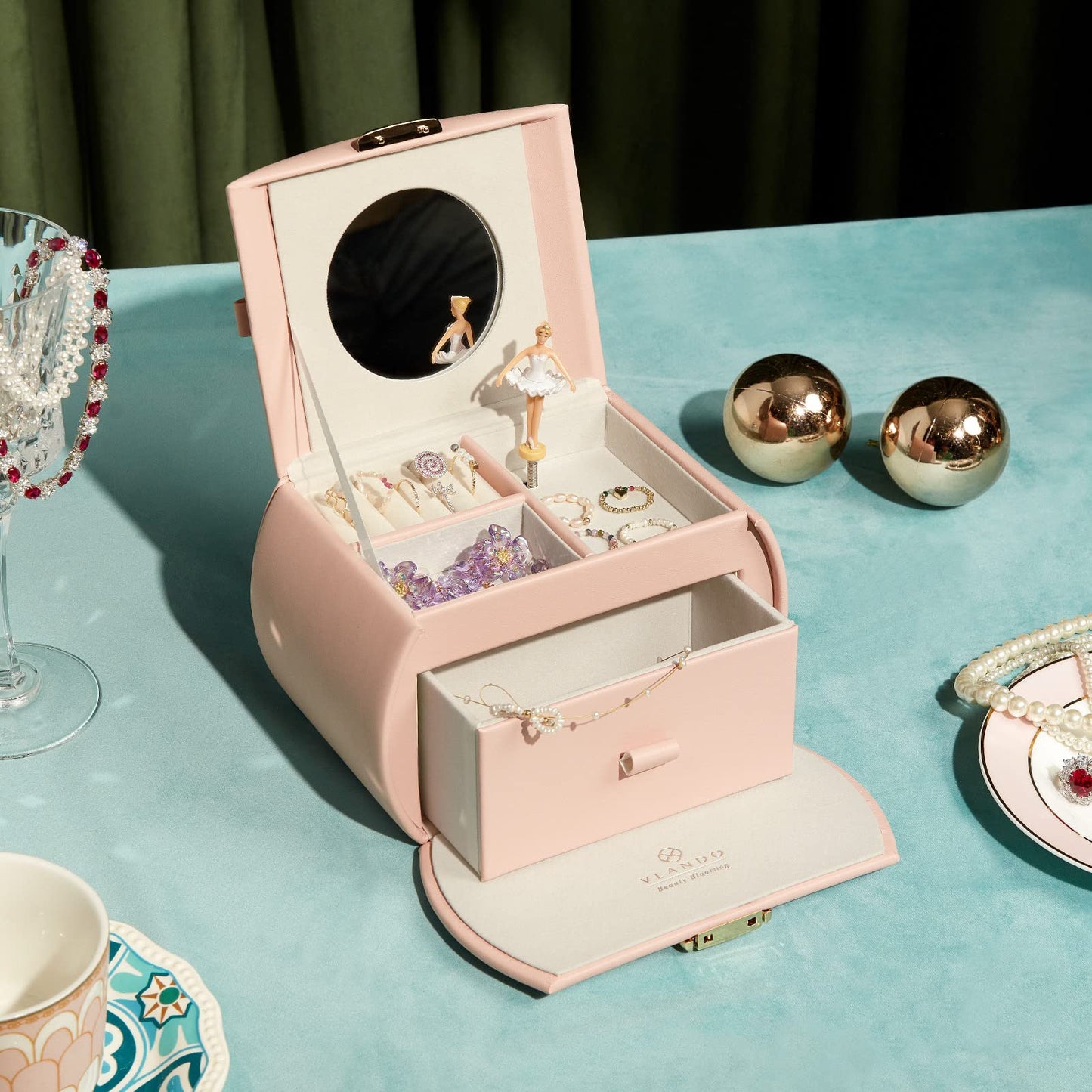 Vlando Kids Musical Jewelry Box for Girls with Drawer, Music Box with Ballerina and Stickers for Birthday Gifts Bedroom Decor, Pink