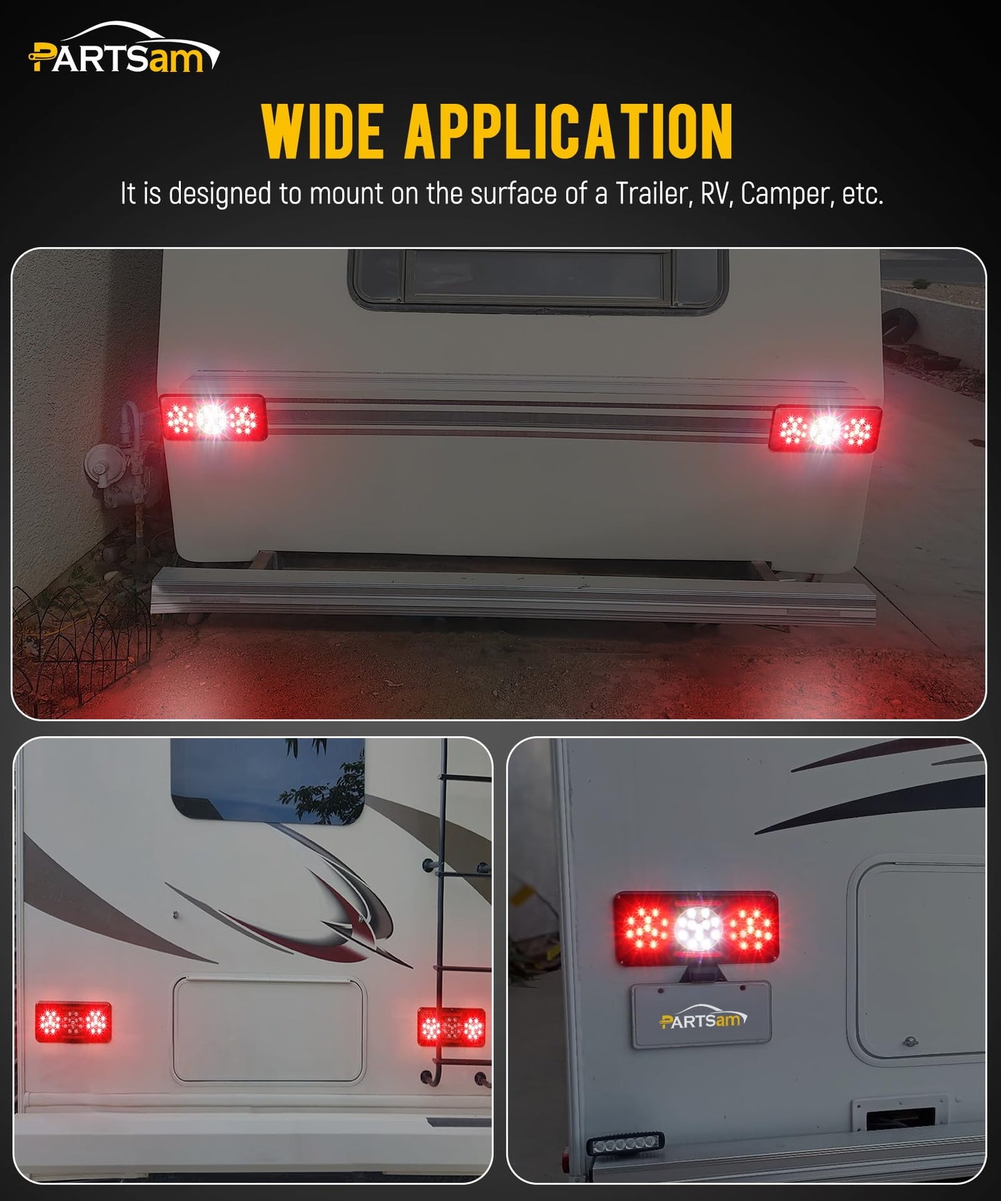 Partsam Rectangular Triple LED Trailer Tail Light Red RV Camper Motorhome Stop Turn Tail Backup Reverse Lights Vertical and Horizontal Mount