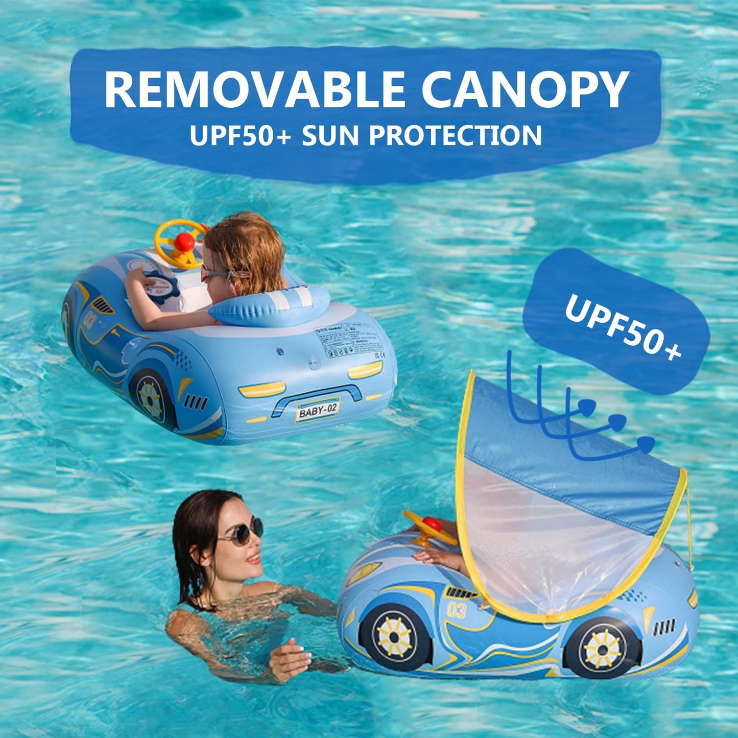Baby Pool Float with Canopy, PVC Baby Swim Float with Sun Shade Cover, 3D Car Toddler Pool Float Swimming Floats Seat Boat for 12-18, 12-24 Months, Age 2-3, 1-4 Years (Blue Canopy)