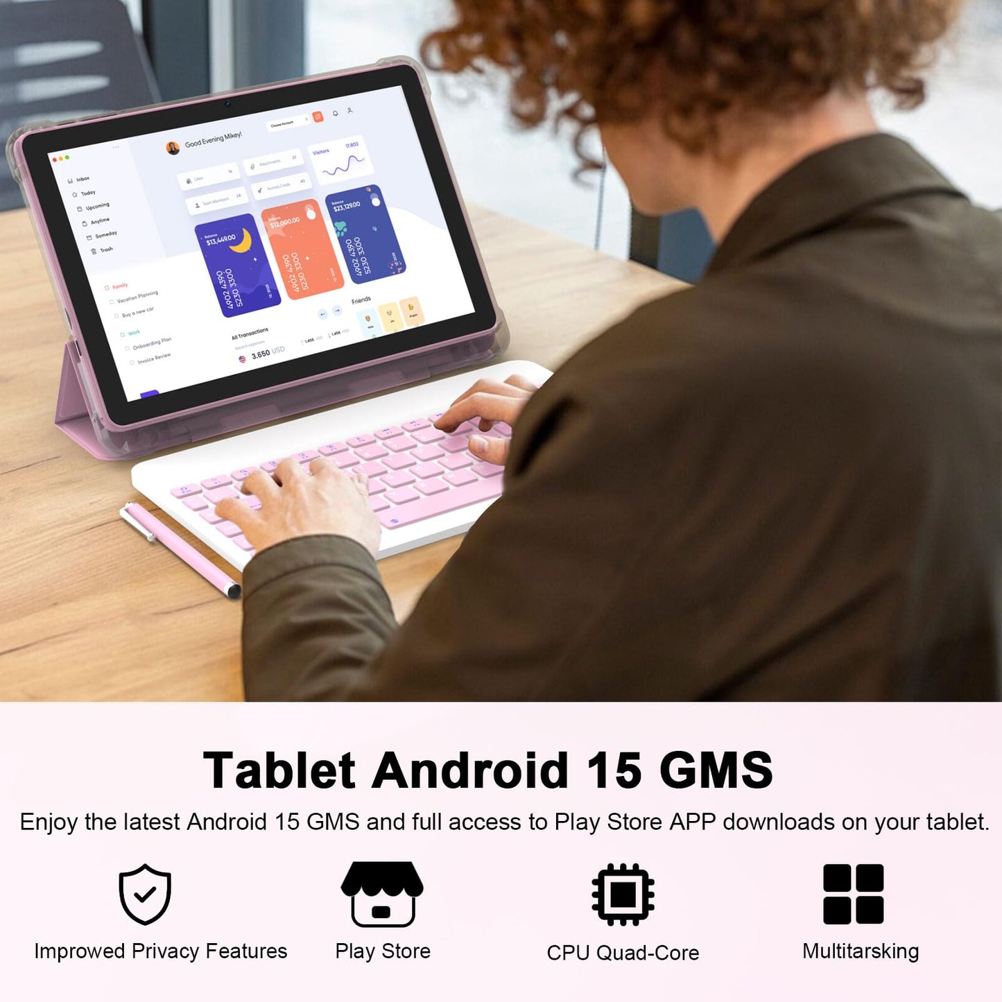 Android 15 Tablet, 10 Inch Tablet, 18GB RAM+128GB ROM/2TB Expandable Tablet PC, 2 in 1 Tablets with Keyboard, Mouse, Case, Stylus, Quad-core 2.0GHz CPU HD Screen, 5G WiFi 6 BT 5.0, 8MP Camera Tableta