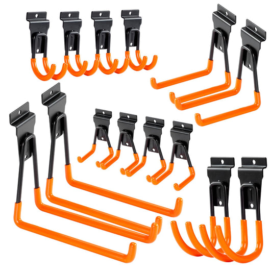 Multi-Size Slatwall Hooks 14 Pack, Wall-Mount Garage Slatwall Accessories, Heavy Duty Utility Slatwall Hooks for Garden, Garage, Workshop (Orange)
