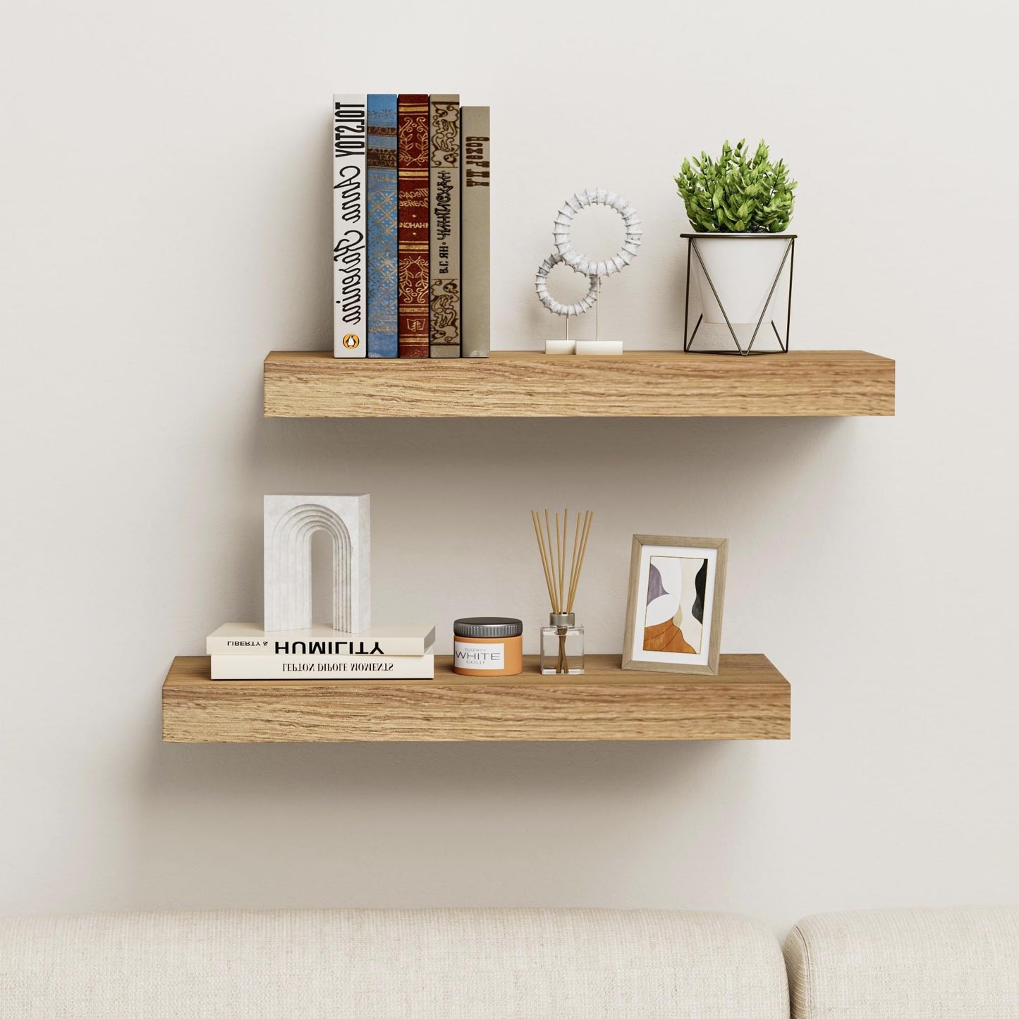 INHABIT UNION Oak Floating Shelves Wood for Wall 15.7in Wall Mounted Display Ledge Shelves Perfect for Bedroom, Bathroom, Living Room and Kitchen Decoration Storage(Set of 2)