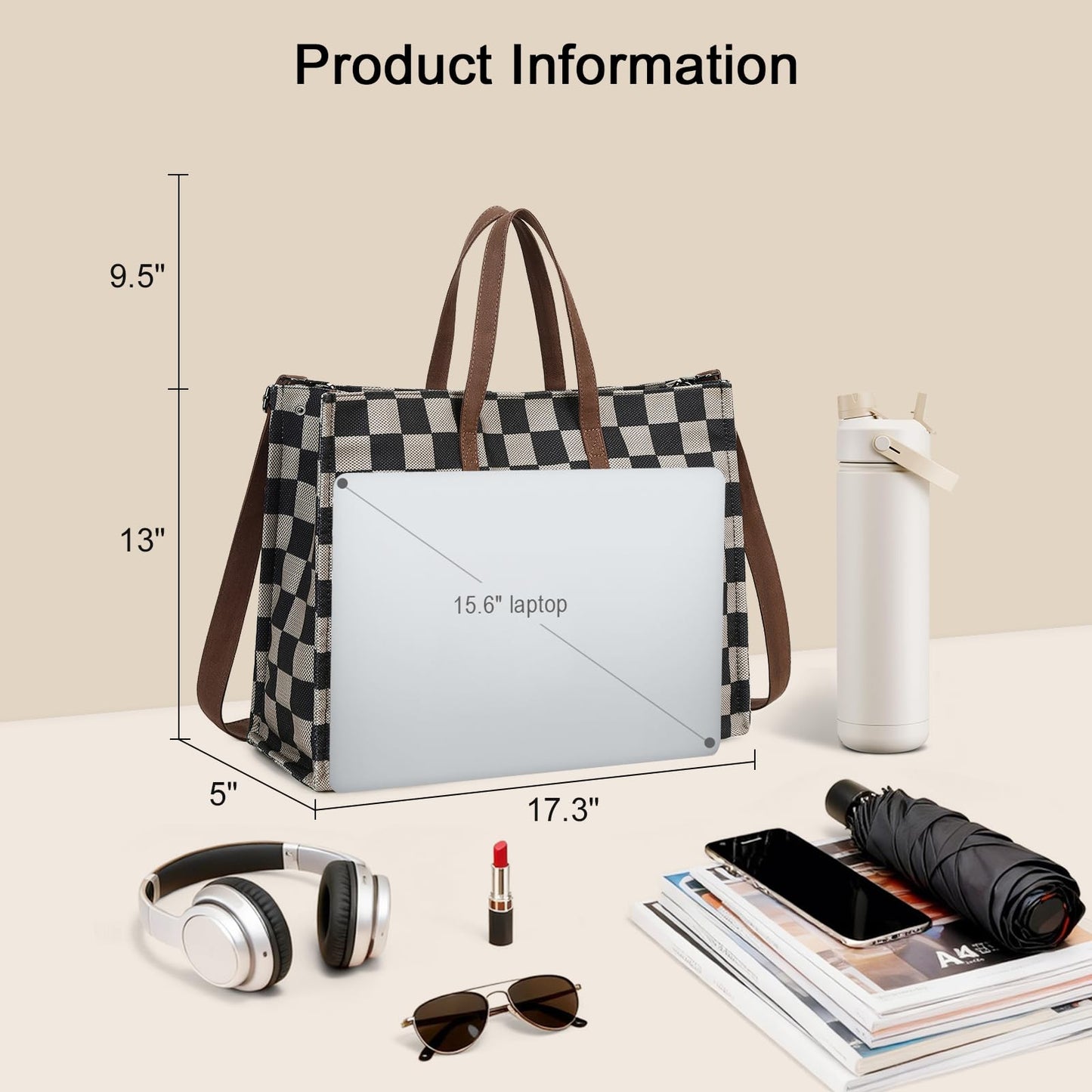 Laptop Tote Bag for Women Work 15.6 inch Canvas Shoulder Bags Computer Messenger Purse Teacher Handbag Office Briefcase, A-khaki-black, Large, Laptop Bag