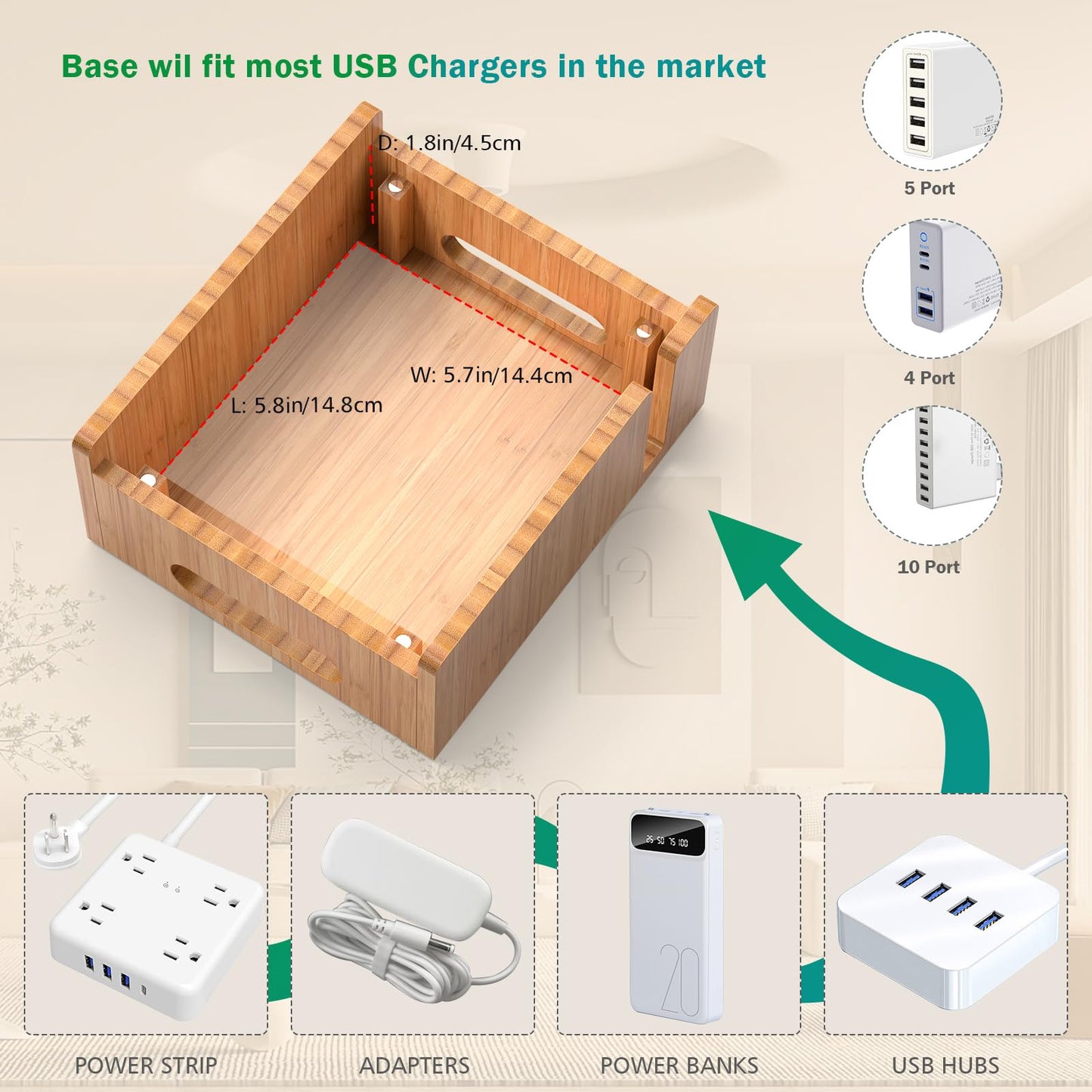 Bamboo Charging Station for Multiple Devices with 5 Port USB Charger, 5 Charger Cables,Watch and Earbud Stand; Pezin & Hulin Desk Wood Docking Stations Electronic Organizer