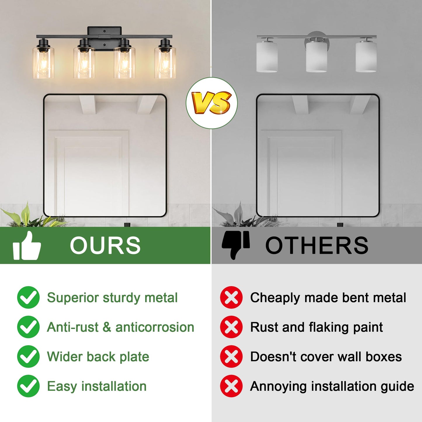 Ascher Bathroom Light Fixtures, 4-Light Vanity Lights with Clear Glass Shade, Modern Black Finish Wall Light for Mirror Bedroom Hallway Cabinet Porch