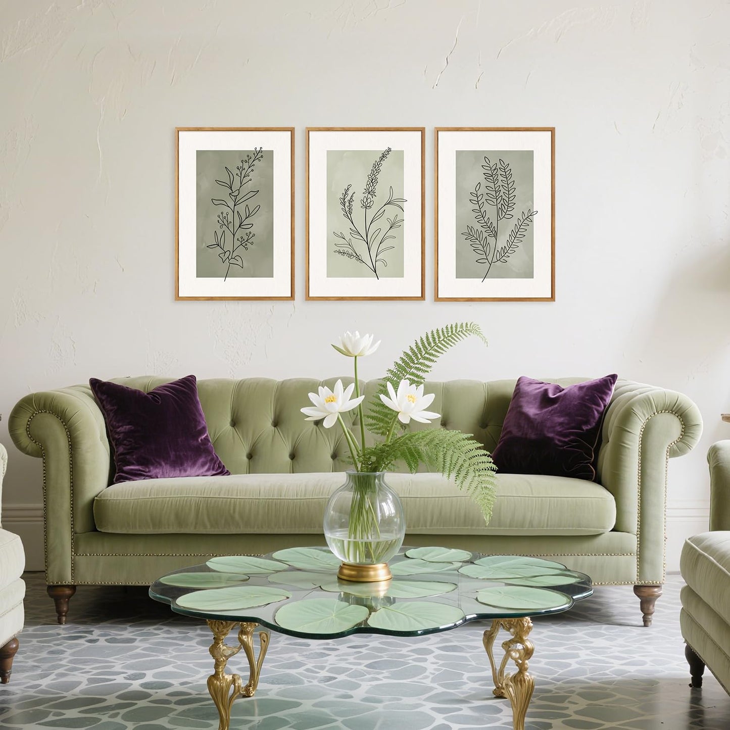 CHDITB Botanical Sage Leaf Framed Canvas Wall Art Set of 3, Minimalist Wall Decor, Boho Nature Floral Greenery Wall Painting, Neutral Botanical Plant Art Prints for Dining Room Bedroom Decor 12”X16”