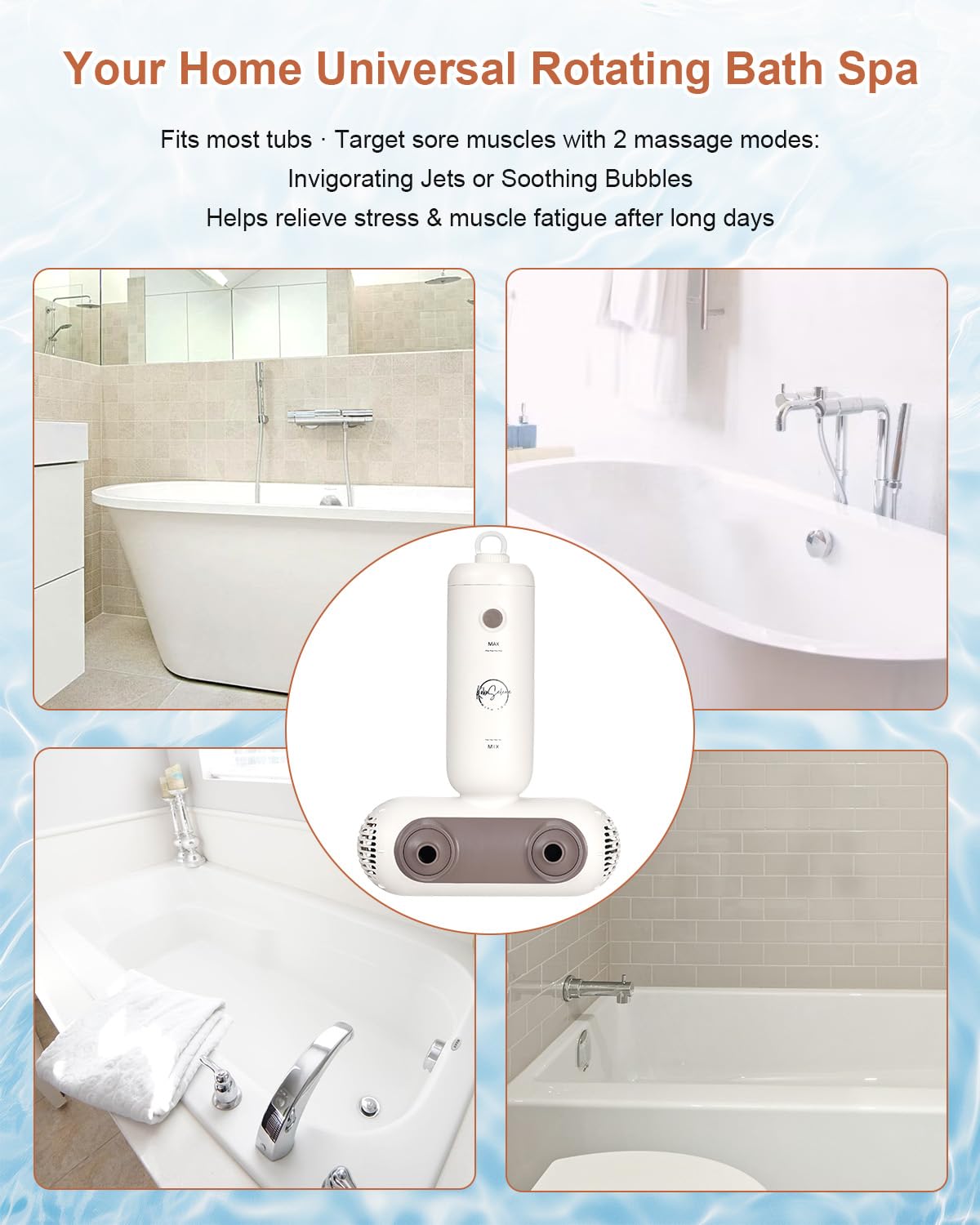 KokoSelene Bath Jets for Tub, Portable Bath Spa for Bathtub with Dual Hydro Jets, Bathtub Spa Machine Creates Soothing Bubbles and Massage for Daily Relax at Home Use (Brown)