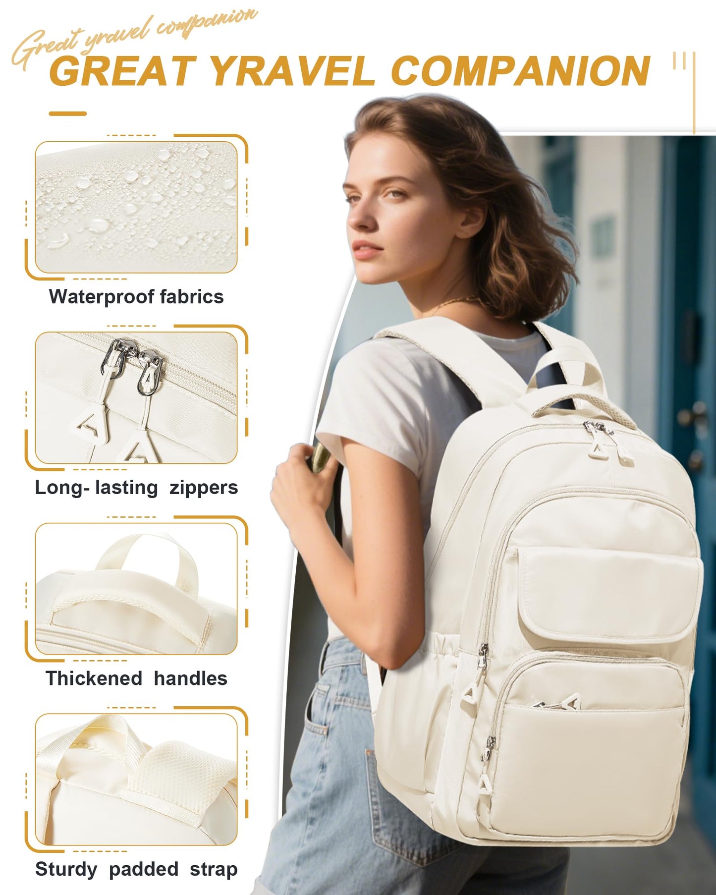School Backpack for Women Men High School Bag for Boys Girls Teens Waterproof College Laptop BackpackBackpack Carry on(Beige)