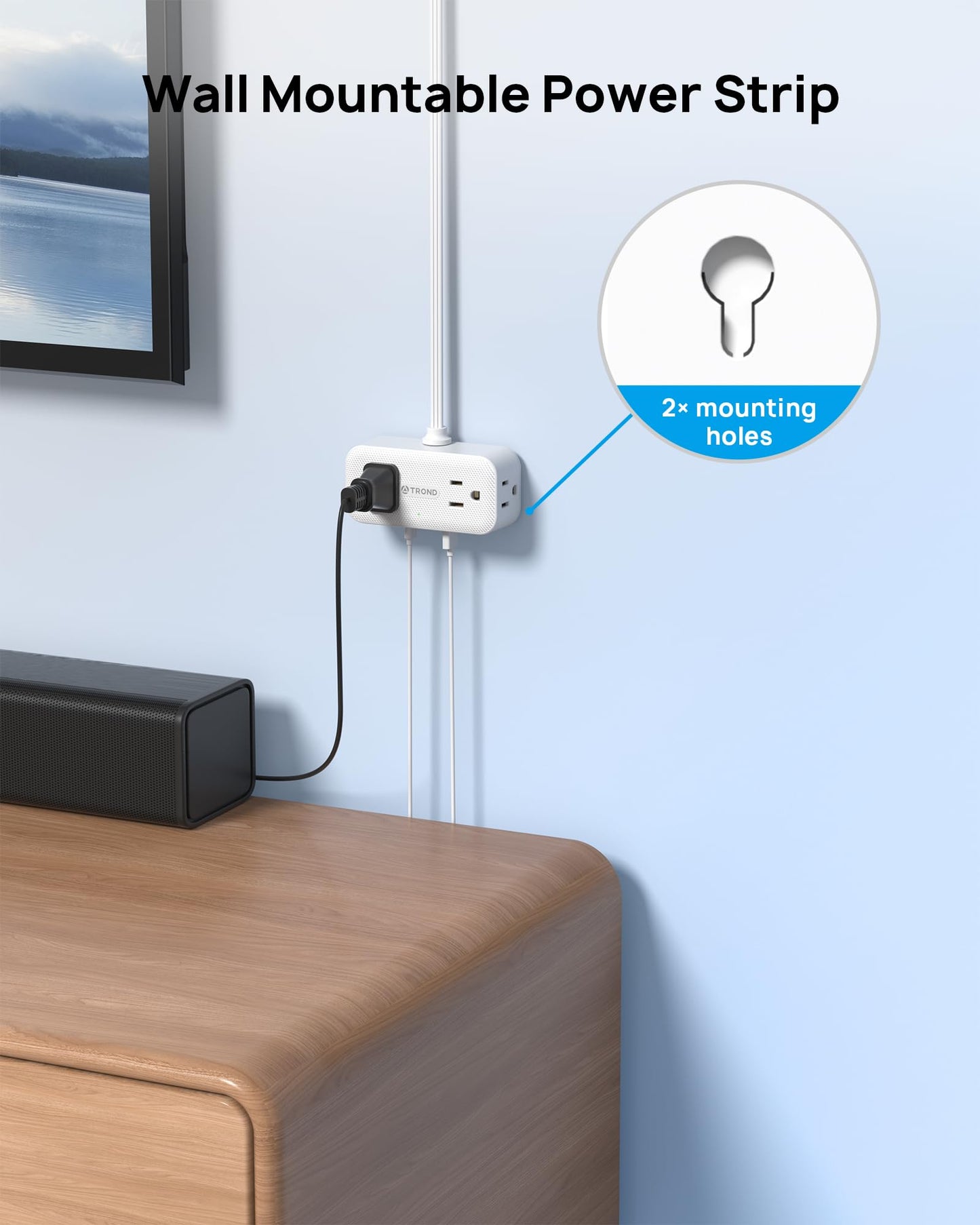 TROND 360° Rotating Flat Plug Power Bar with USB C, 10ft Slim Extension Cord Indoor, 4 Widely Spaced Outlets, 900J Surge Protector, Small Outlet Extender for Home Office Dorm Travel Essentials, White