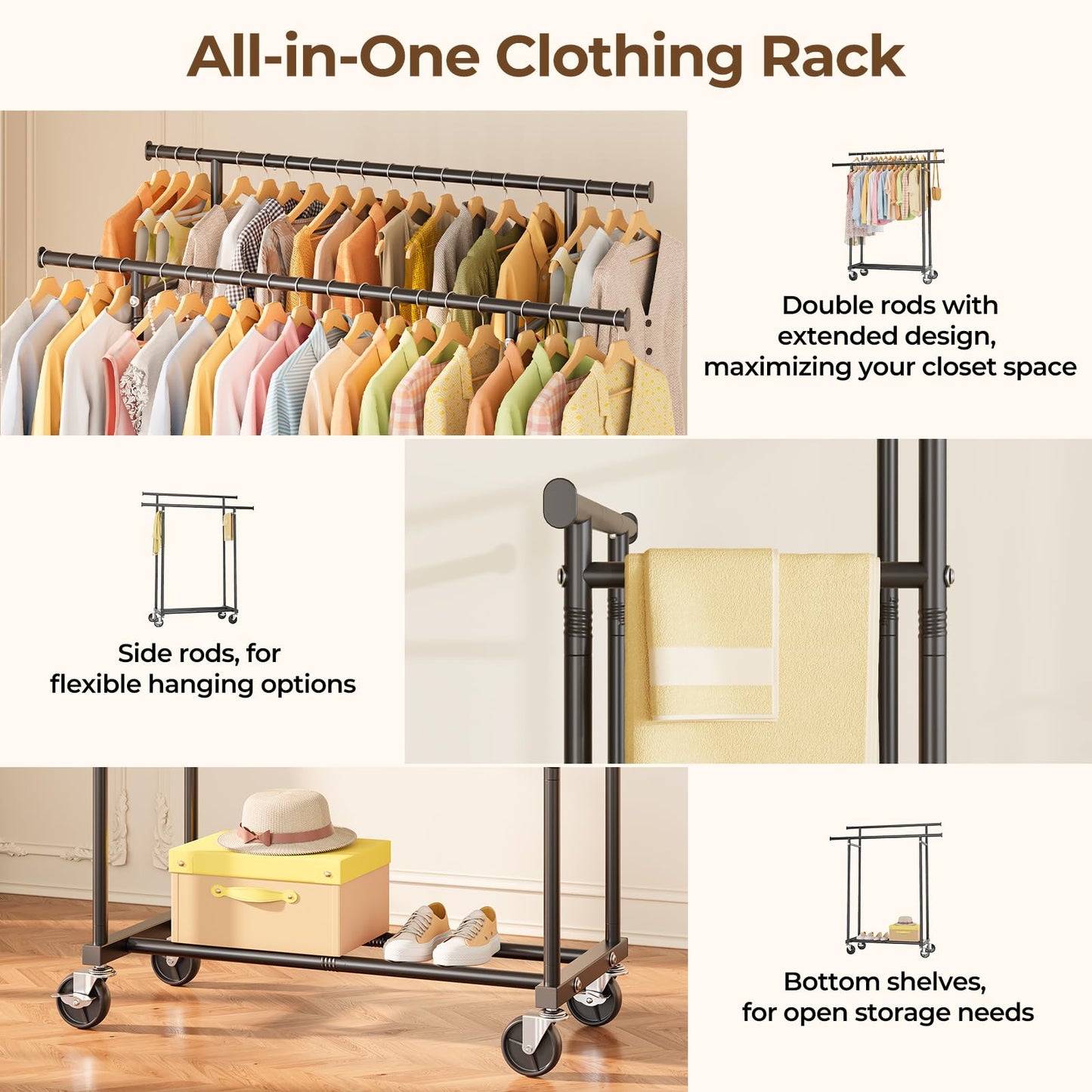 HYSEYY Double Rods Clothing Rack, Rolling Clothes Rack, Metal Garment Rack with 4 Lockable Wheels & Storage Shelf, Sturdy Coat Rack for Bedroom, Laundry, Living Room - 160H x 113W x 42D cm (Black)